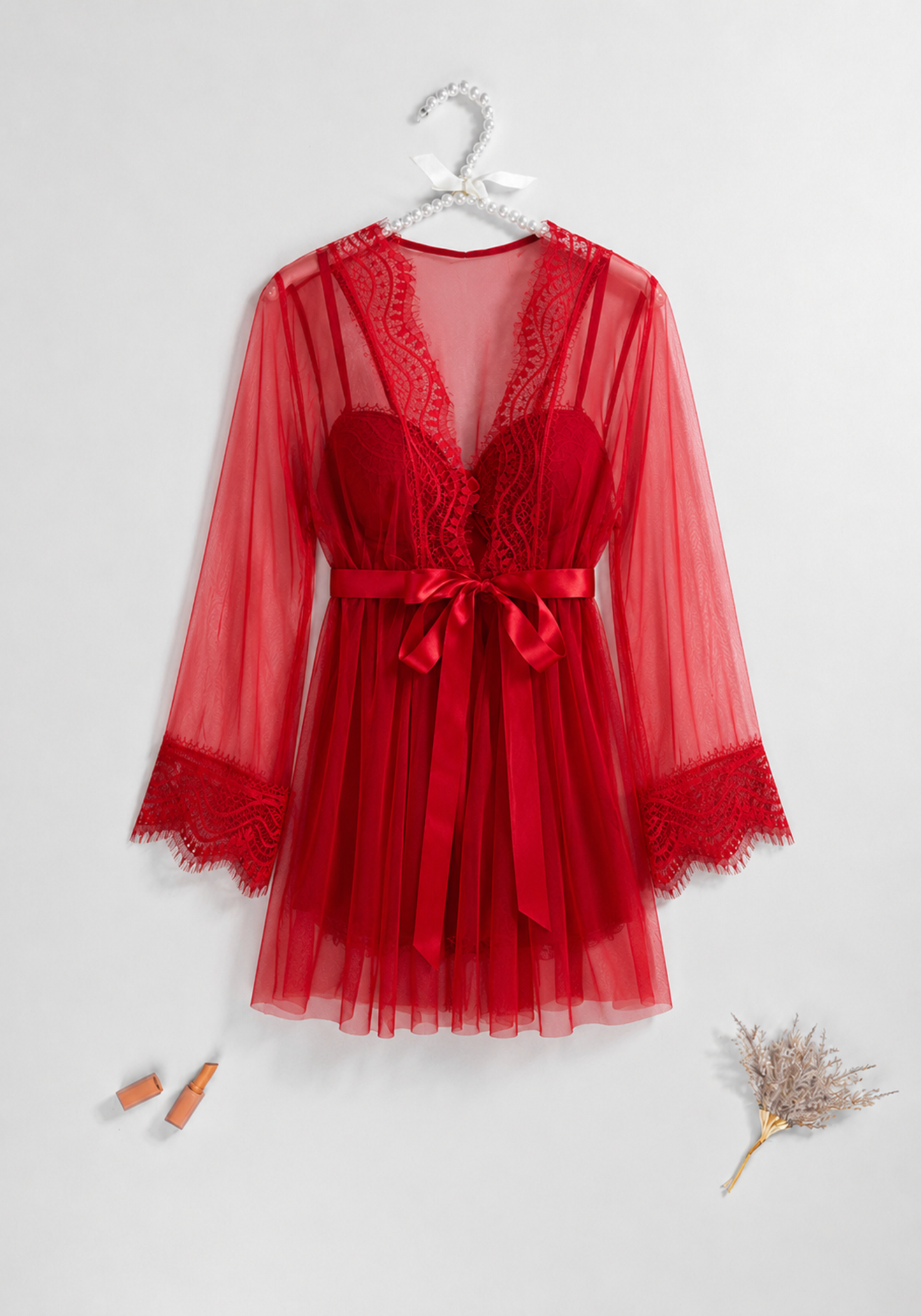 Lingerie Short Robe Set: Underwire Padded Cup Babydoll And Schiffon Short Robe With Dantel