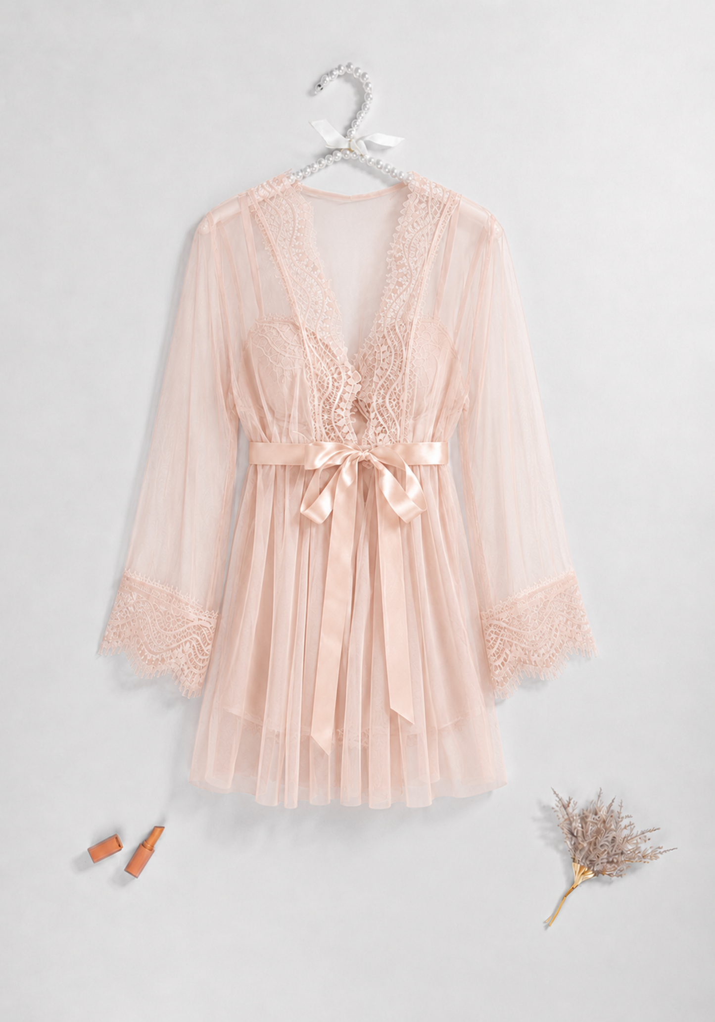 Lingerie Short Robe Set: Underwire Padded Cup Babydoll And Schiffon Short Robe With Dantel