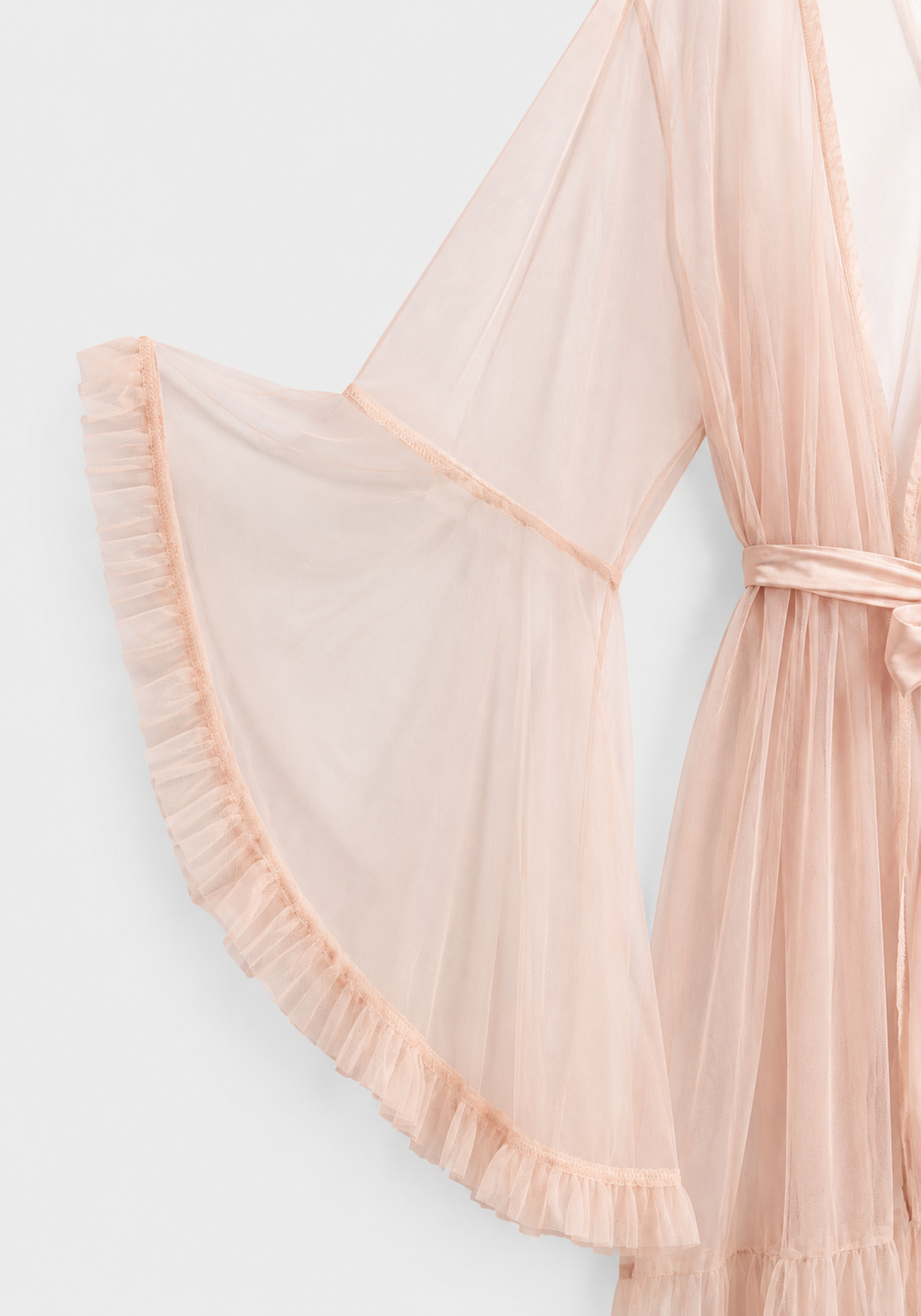Lingerie Long Robe Set: Satin Padded Underwire Cup Long Nighty And Schiffon Long Robe With Ruffles On The Sleeves