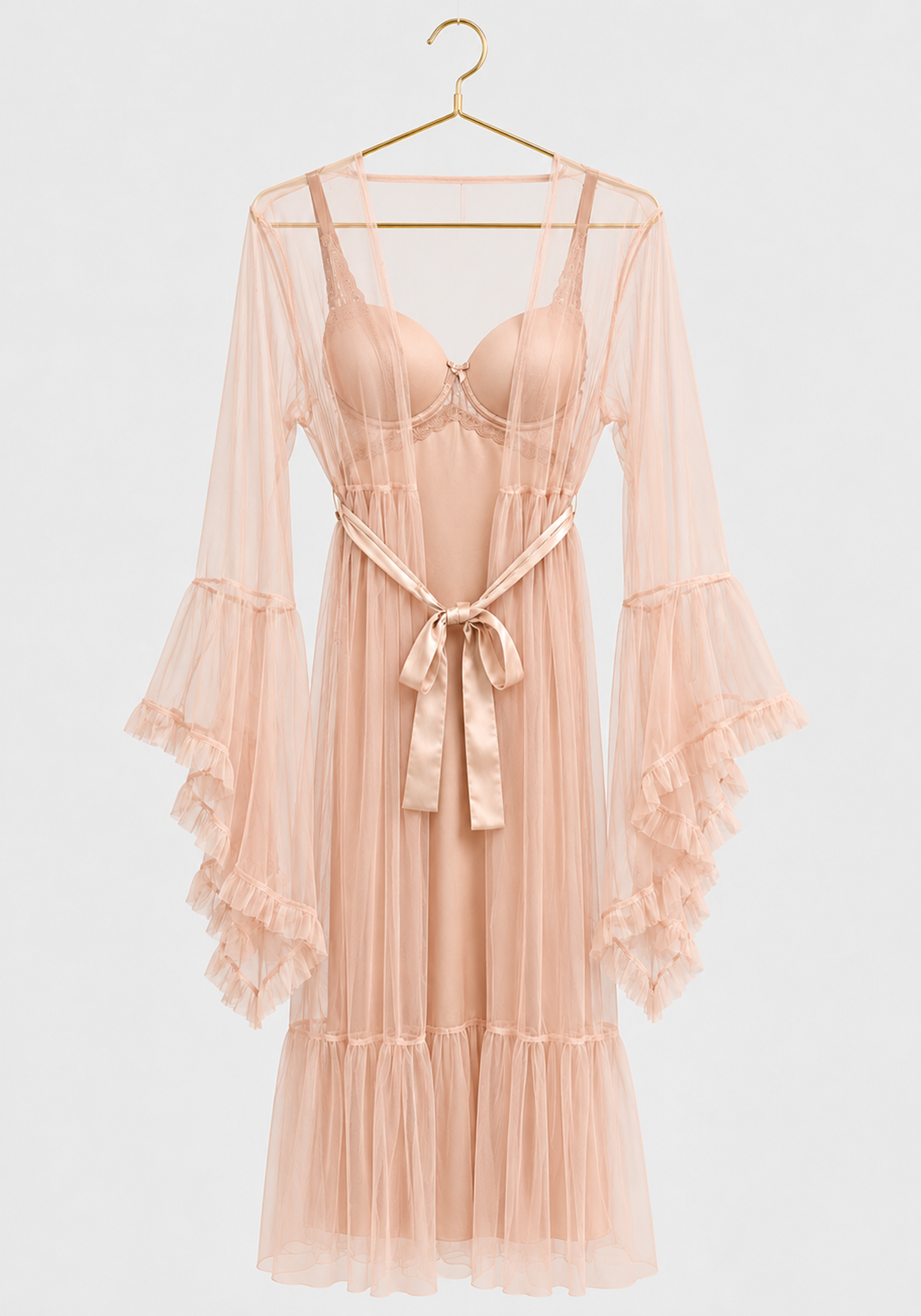 Lingerie Long Robe Set: Satin Padded Underwire Cup Long Nighty And Schiffon Long Robe With Ruffles On The Sleeves