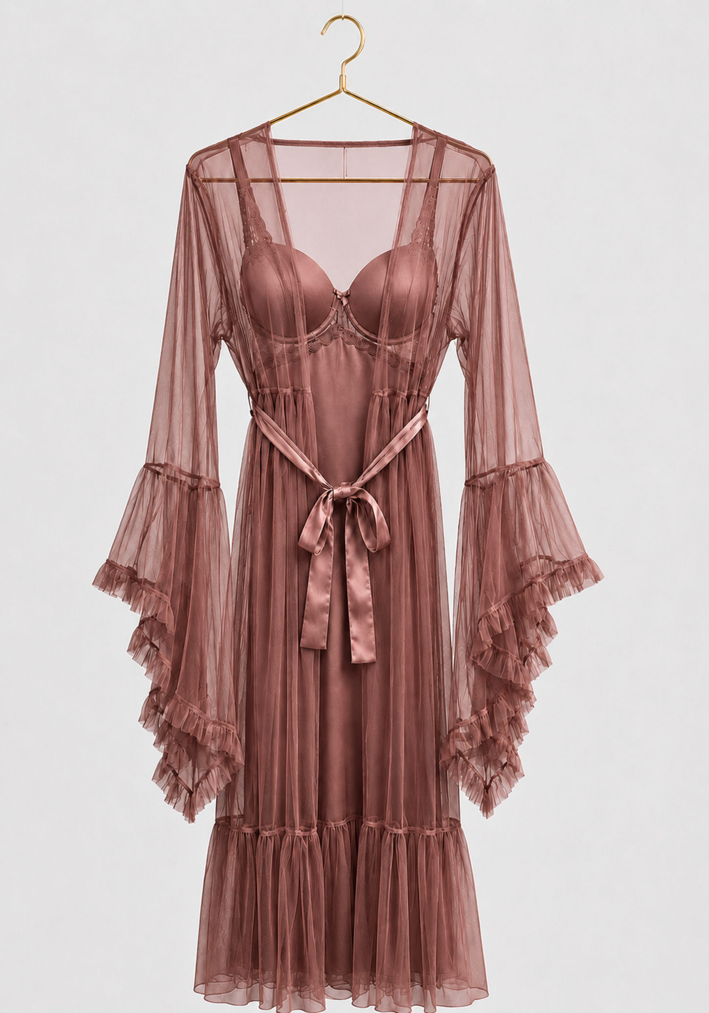 Lingerie Long Robe Set: Satin Padded Underwire Cup Long Nighty And Schiffon Long Robe With Ruffles On The Sleeves