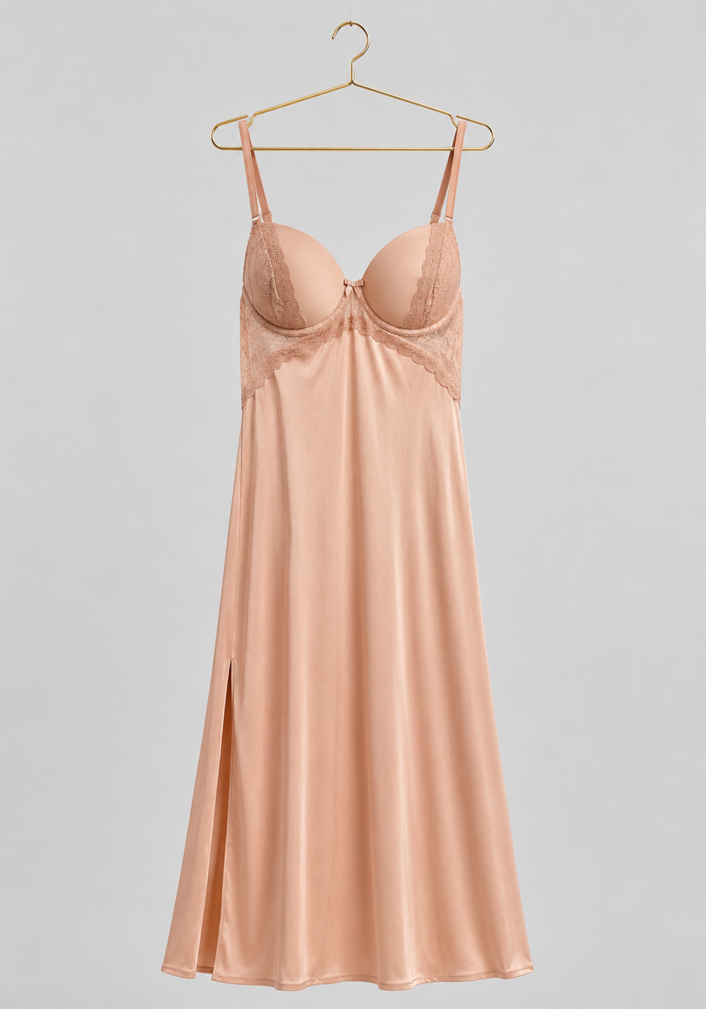 Lingerie Long Robe Set: Satin Padded Underwire Cup Long Nighty And Schiffon Long Robe With Ruffles On The Sleeves