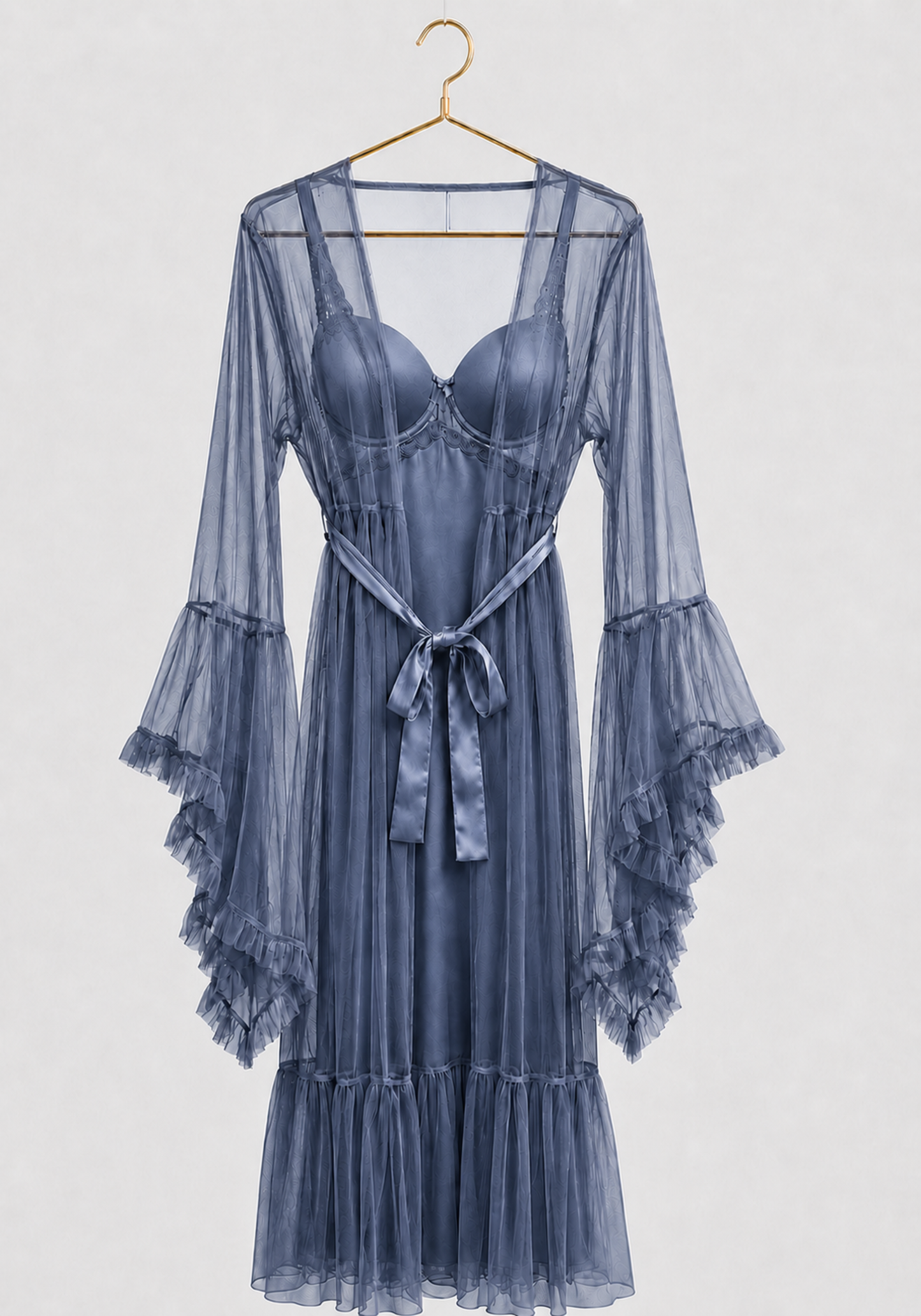 Lingerie Long Robe Set: Satin Padded Underwire Cup Long Nighty And Schiffon Long Robe With Ruffles On The Sleeves