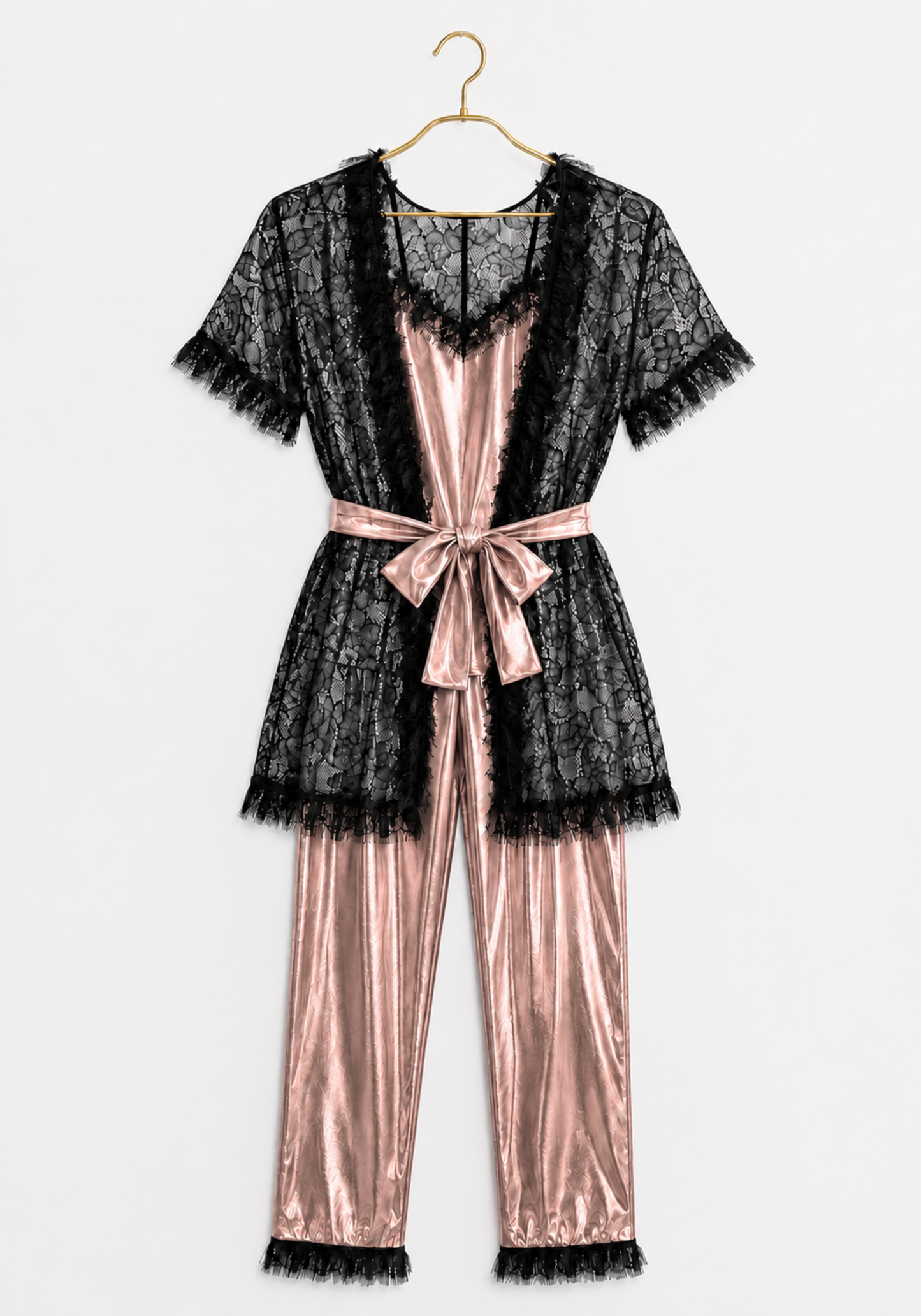 3 Pieces Pajamas: Disko Shoulder Strap Top And Pants And Full Dantel Short Sleeves Short Robe