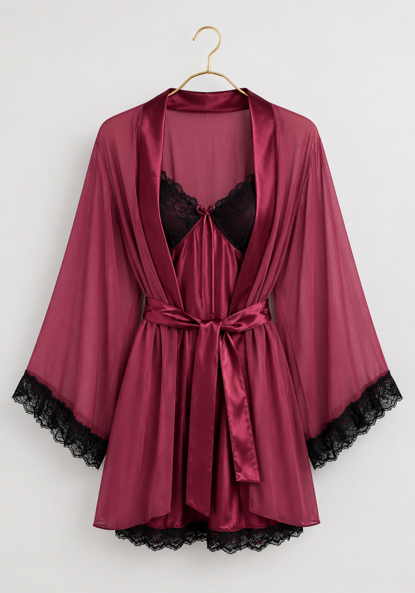 Schiffon Satin Short Robe Set: Satin Babydoll With Dantel On Cups And Schiffon Robe