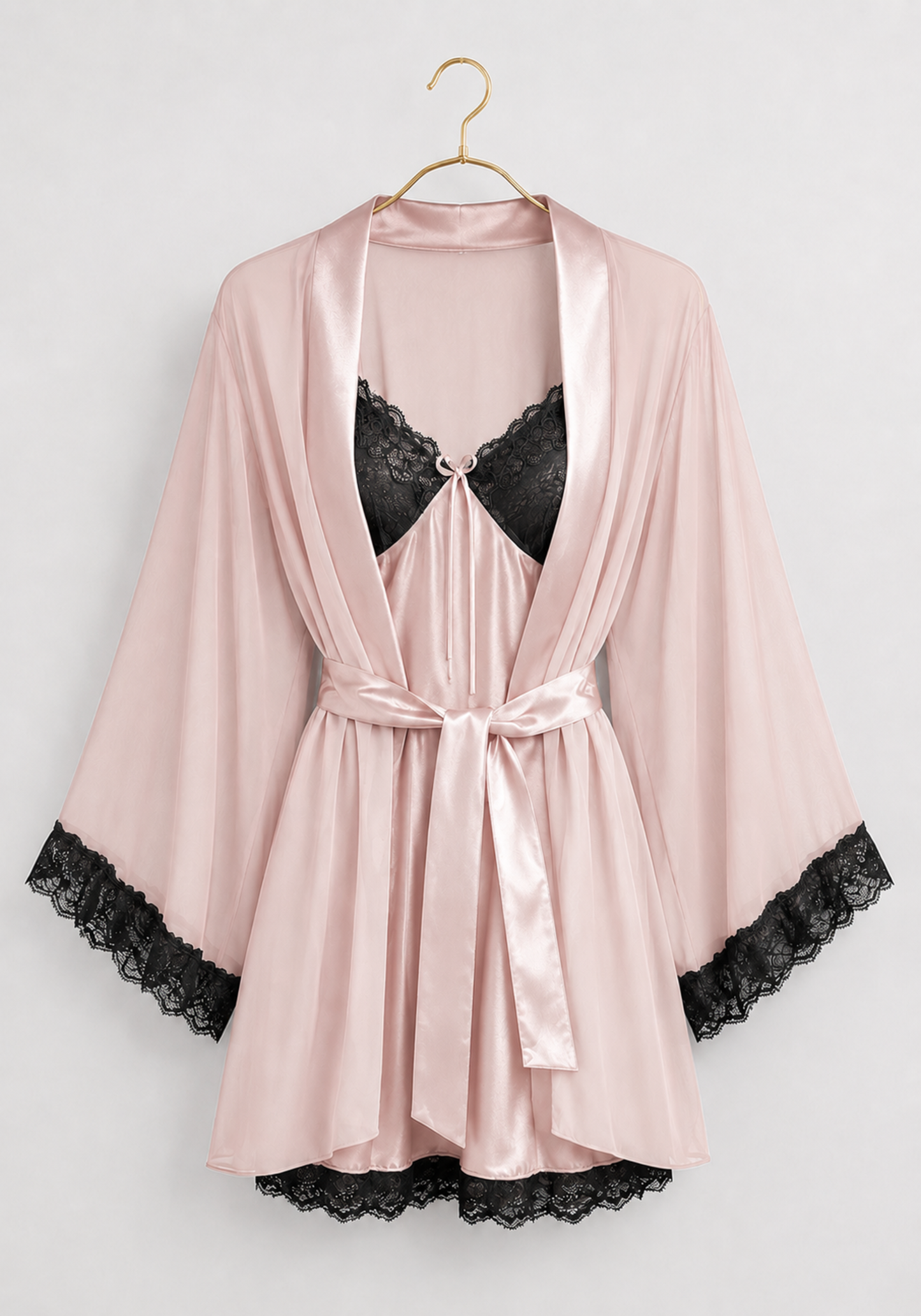 Schiffon Satin Short Robe Set: Satin Babydoll With Dantel On Cups And Schiffon Robe