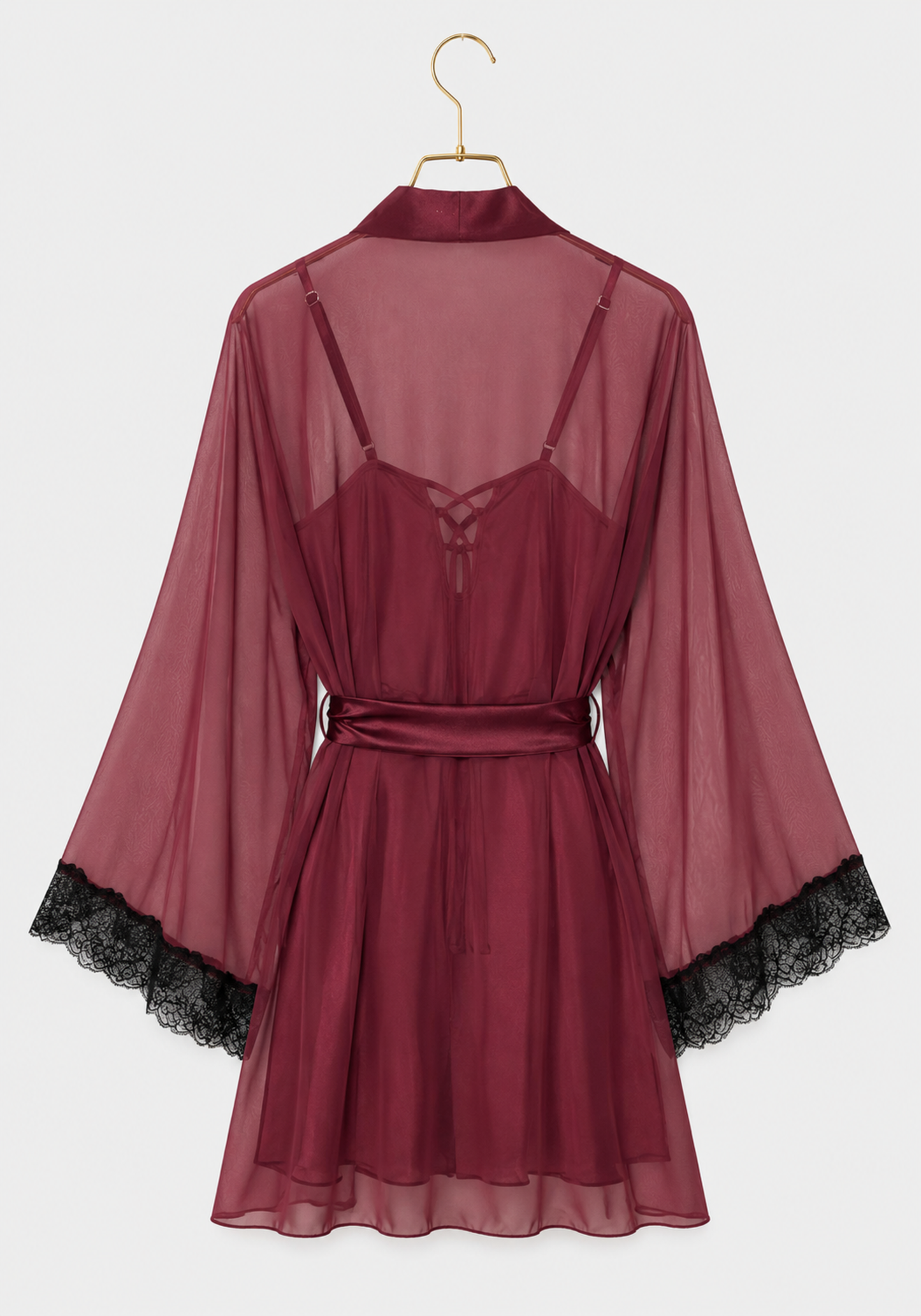 Schiffon Satin Short Robe Set: Satin Babydoll With Dantel On Cups And Schiffon Robe