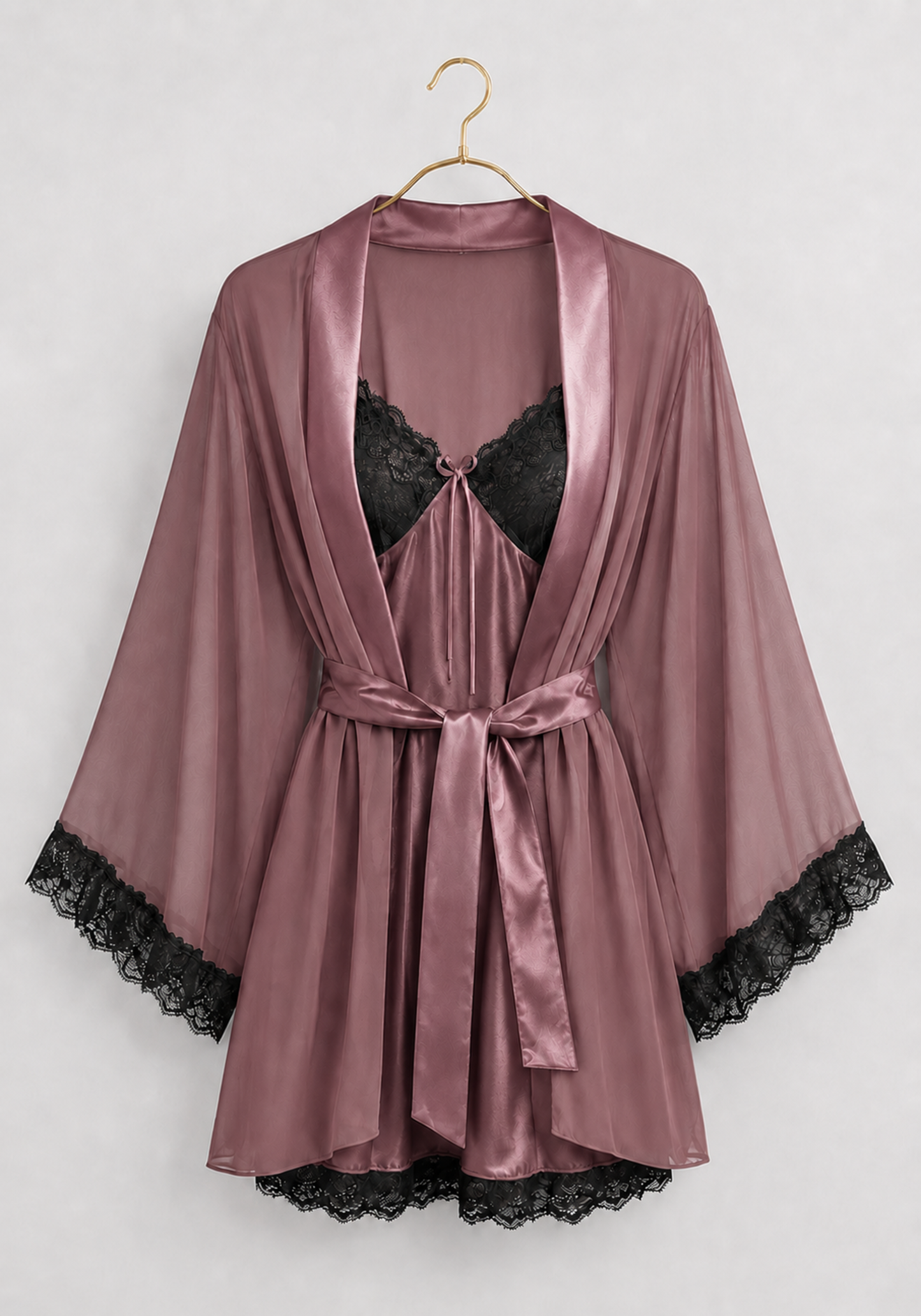 Schiffon Satin Short Robe Set: Satin Babydoll With Dantel On Cups And Schiffon Robe