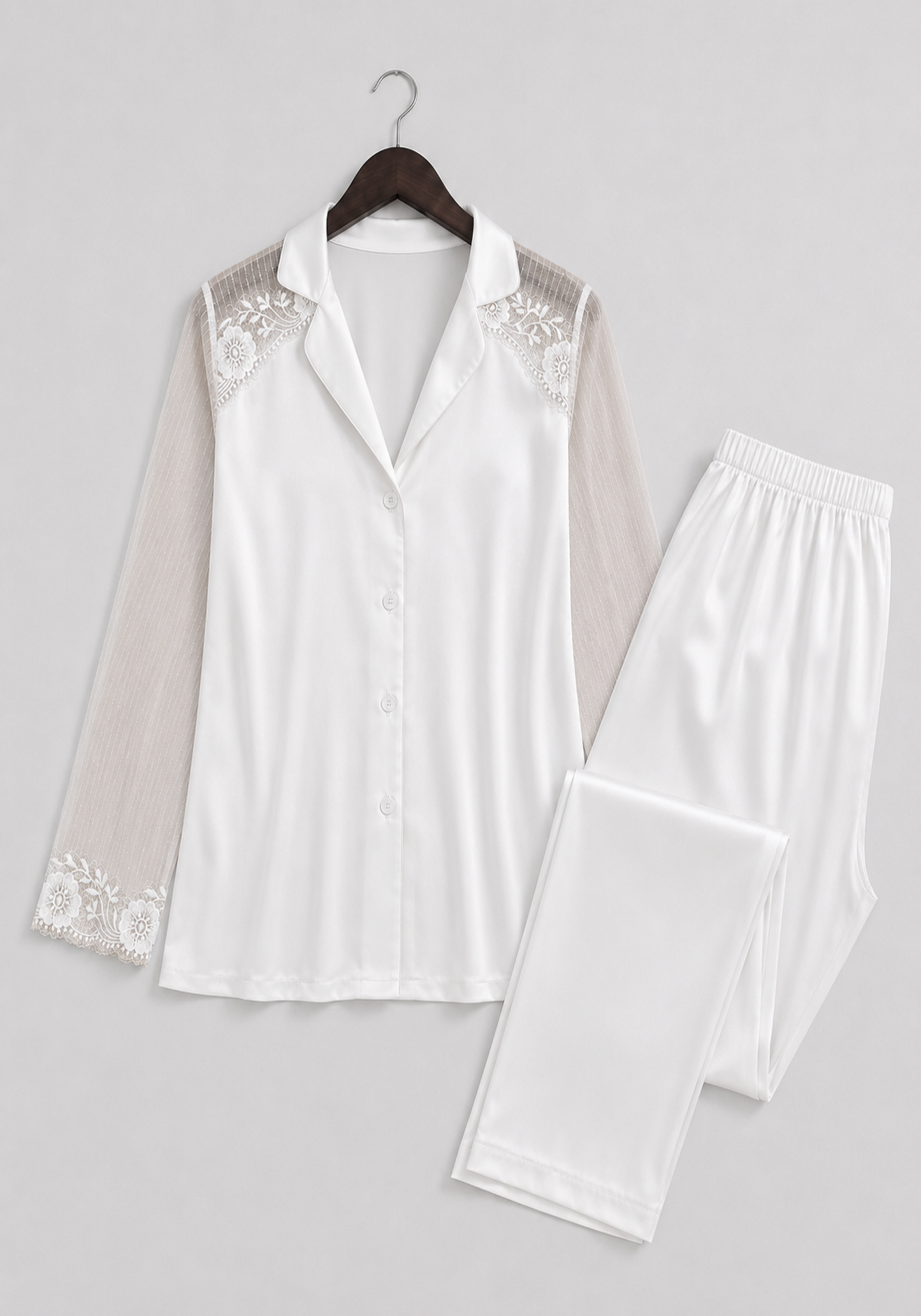 Bridal Pajamas: Satin Plain Collar Button Robe-Like Top With Toulle Long Sleeves And Satin Pants