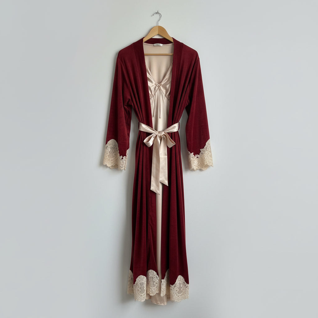 Velour Satin Robe Set: Velour Long Sleeve Long Robe And Satin Long Nighty