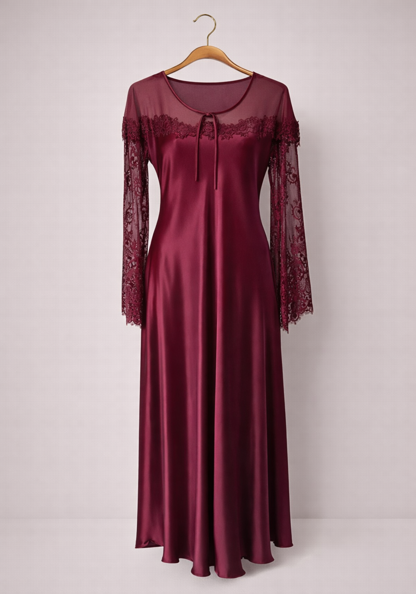 Satin Long Sleeve Long Nighty With Dantel