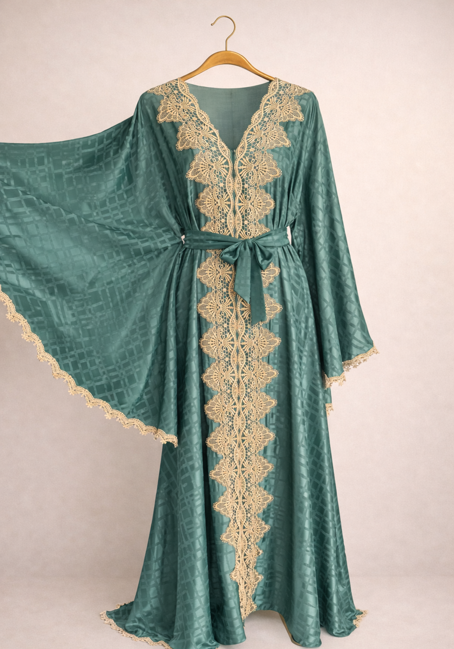 Satin Jackard Long Sleeve Long Nighty With Dantel