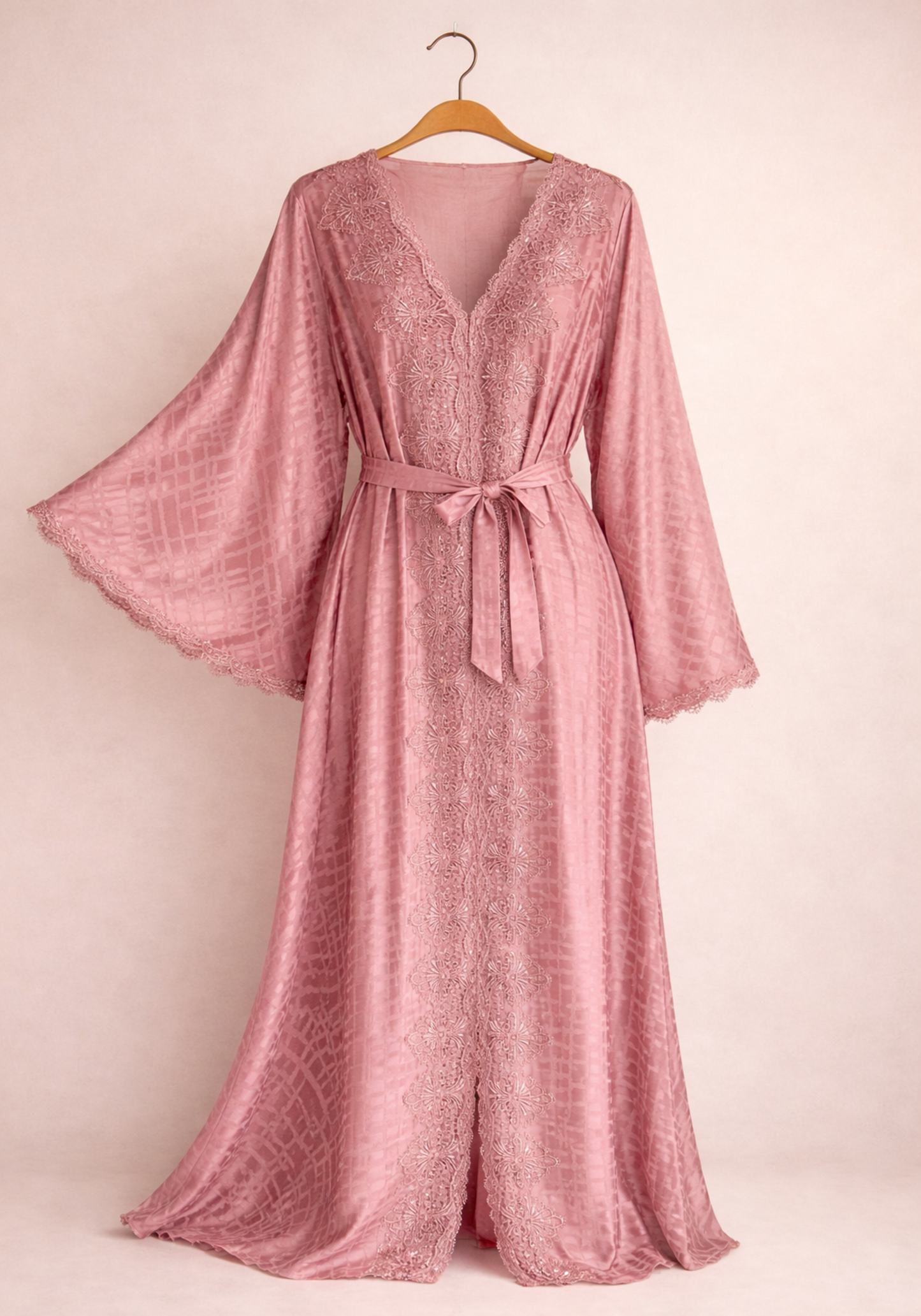 Satin Jackard Long Sleeve Long Nighty With Dantel