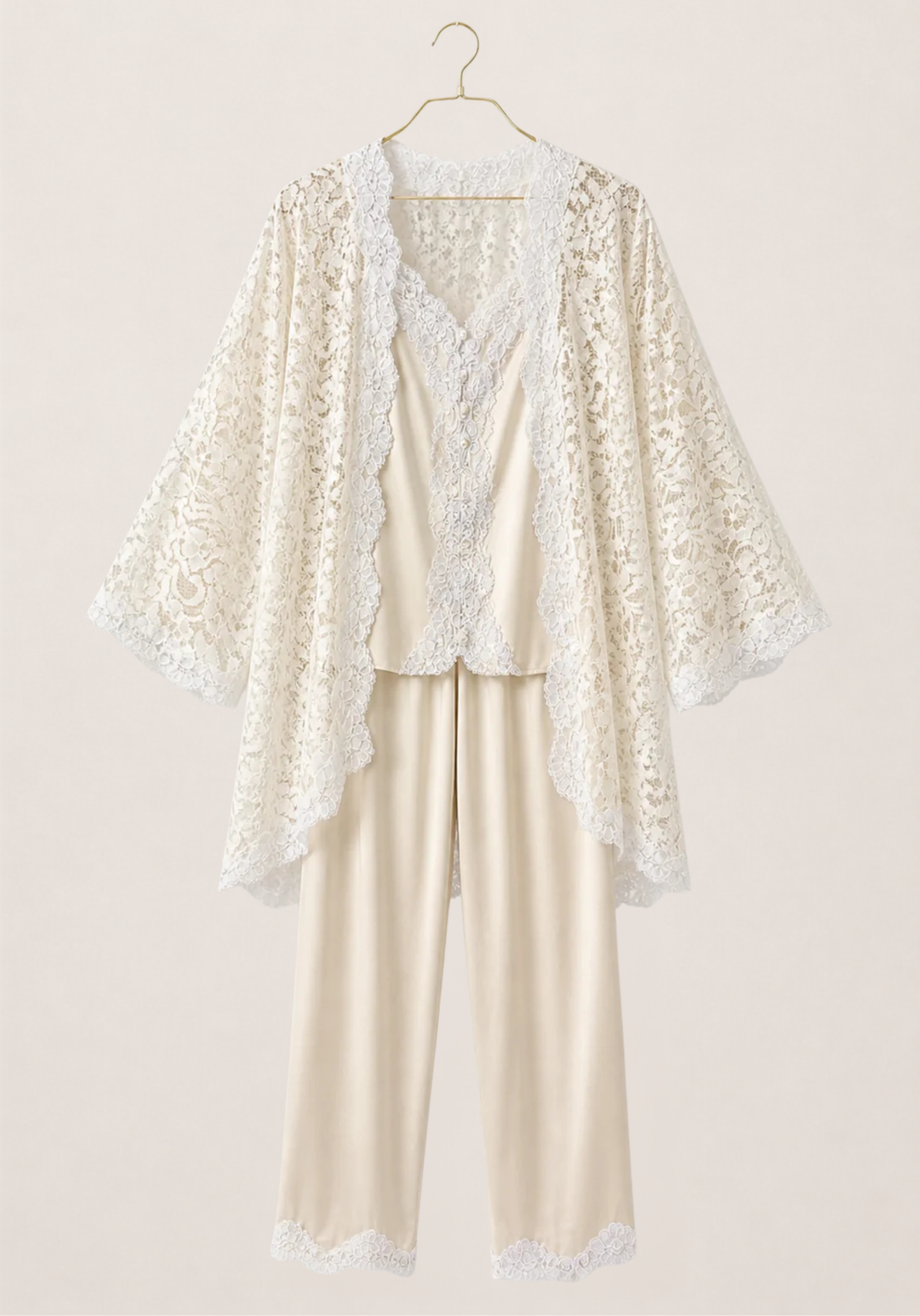 Bridal 3 Pieces Pajamas: Full Dantel Short Robe And Sleeveless Satin Top With Buttons And Pants With Lace Details