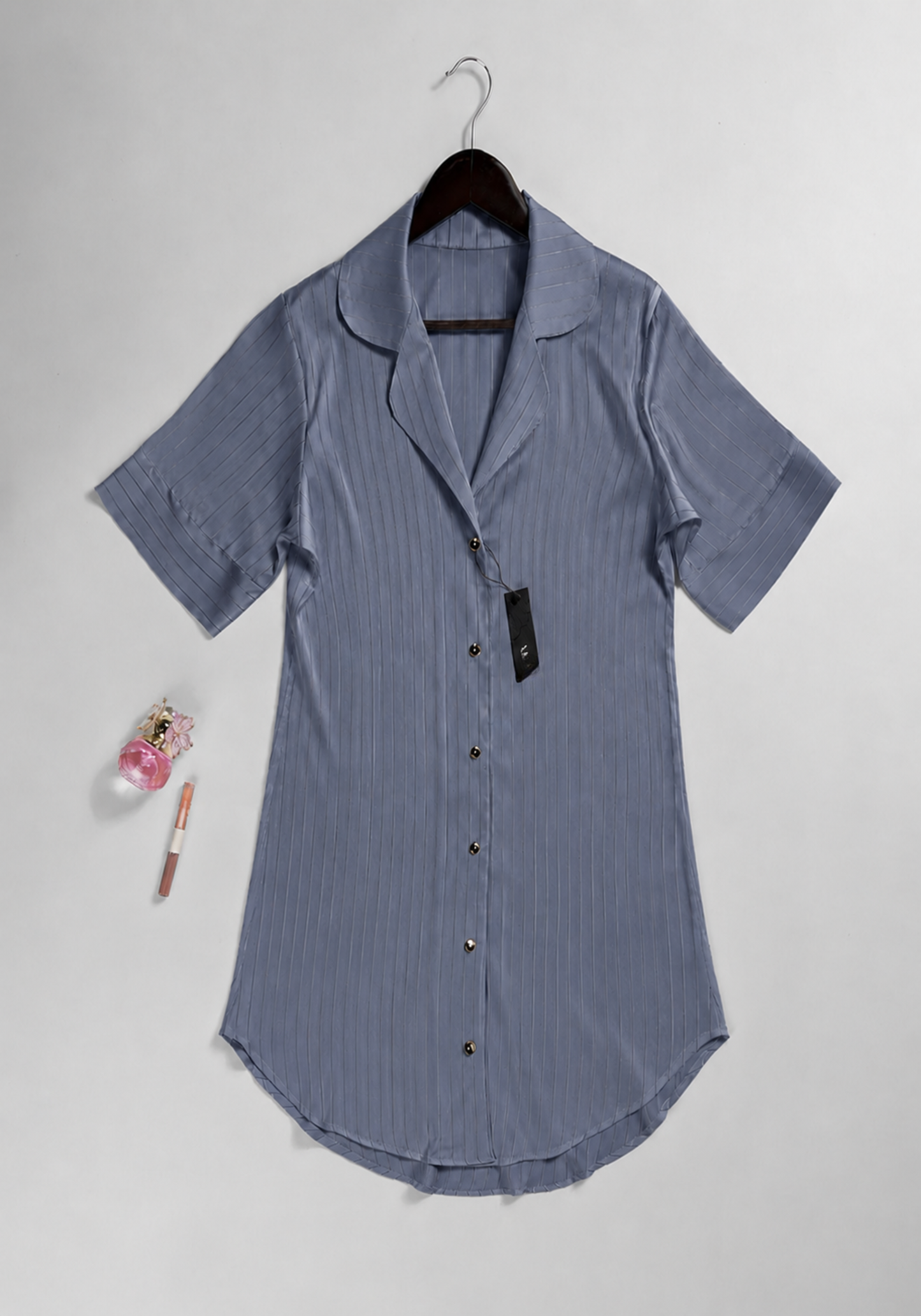 Lingerie Nighty: Satin Striped Collar Button Short Nighty