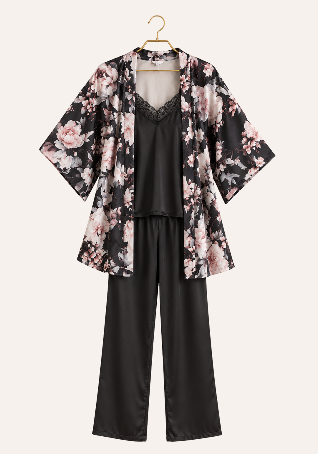 4 Pieces Set: Plain Satin Shoulder Strap Top And Pants And Shorts And Printed Short Robe