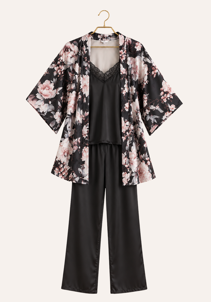 4 Pieces Set: Plain Satin Shoulder Strap Top And Pants And Shorts And Printed Short Robe