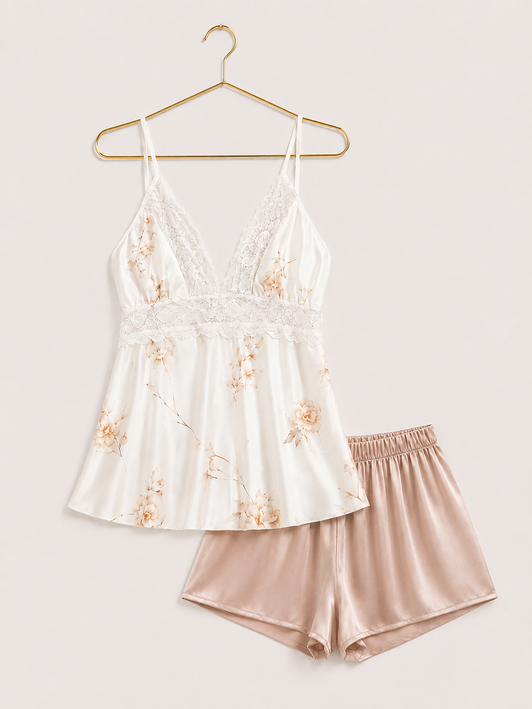 4 Pieces Set: Satin Print Strap Top With Lace And Plain Shorts And Pants And Floral Print Kimono