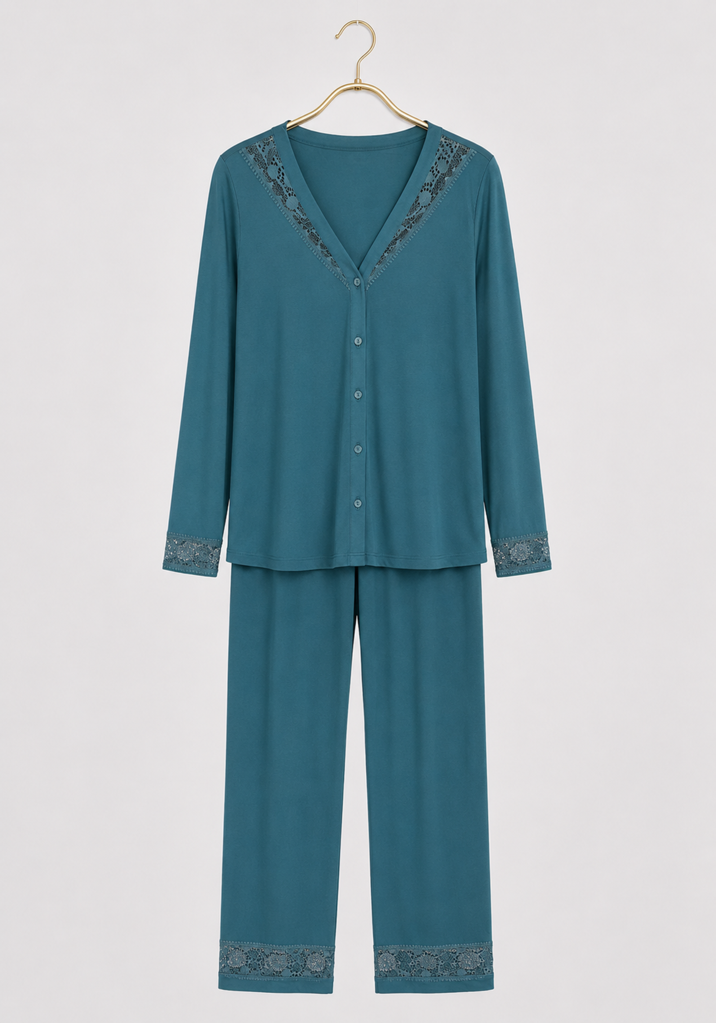 Pajamas: Viscose Lycra V-Neck Button Long Sleeve Top With Lace Detail And Pants