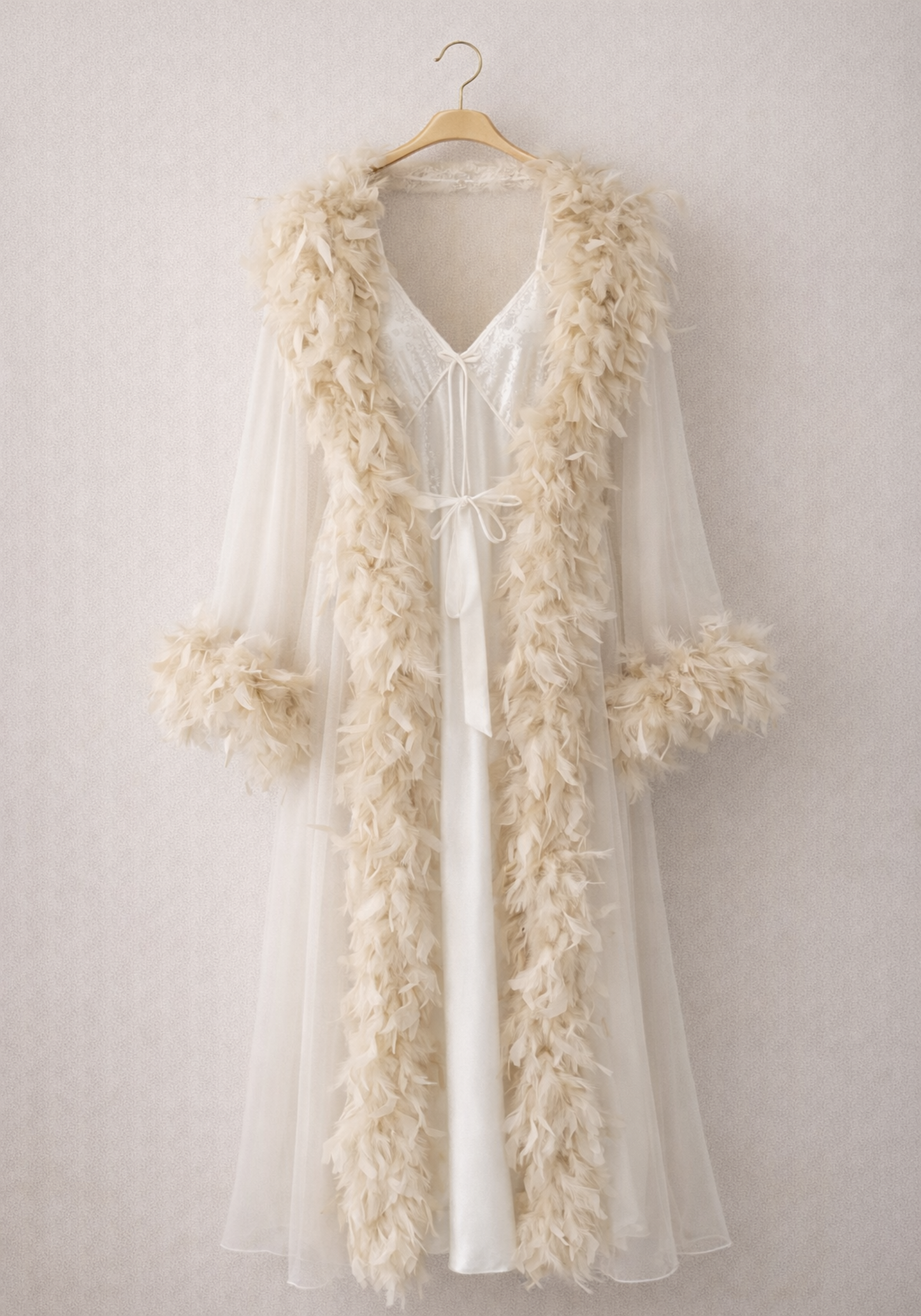 Toulle Satin Furr Long Robe Set