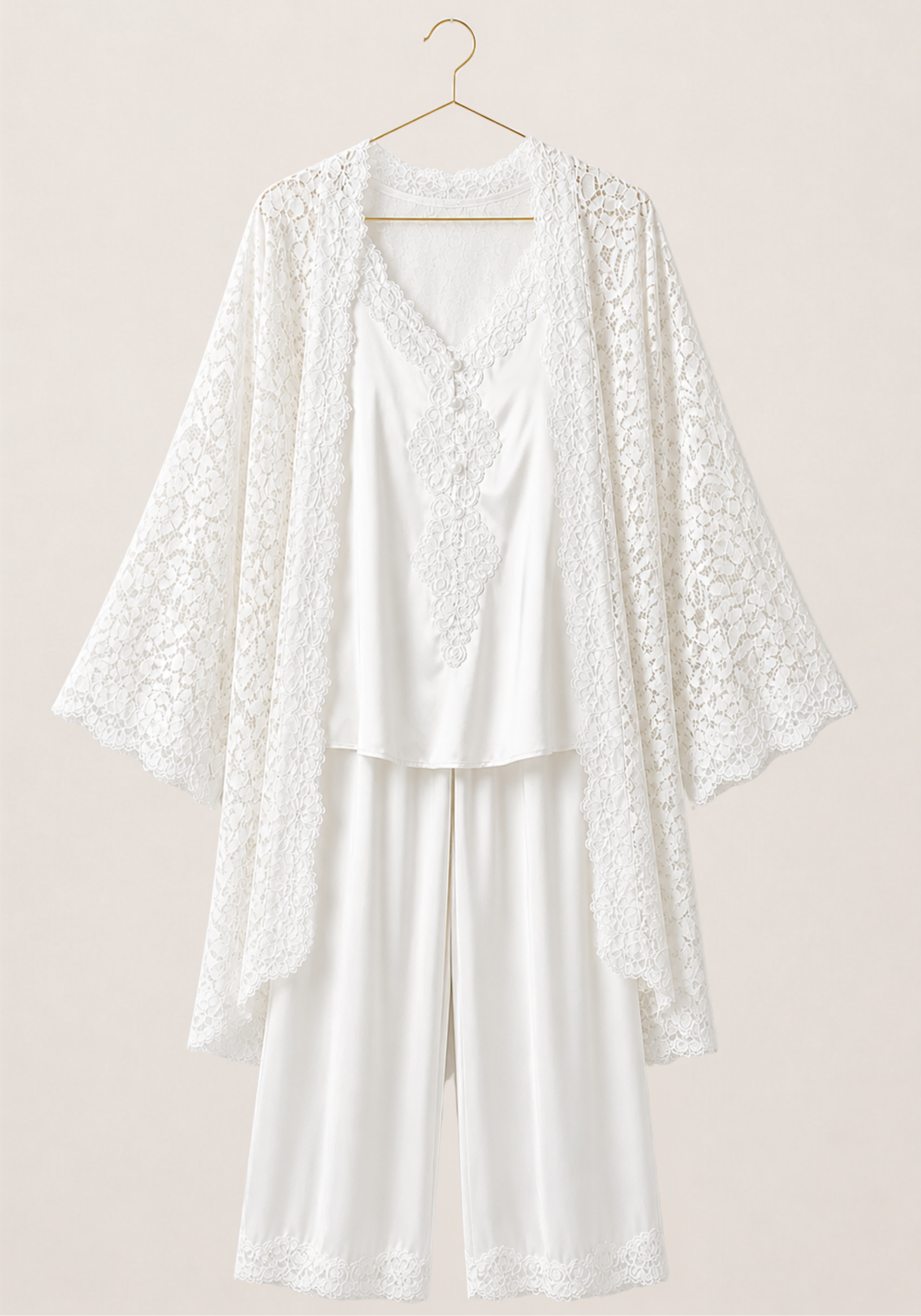 Bridal 3 Pieces Pajamas: Full Dantel Short Robe And Sleeveless Satin Top With Buttons And Pants With Lace Details