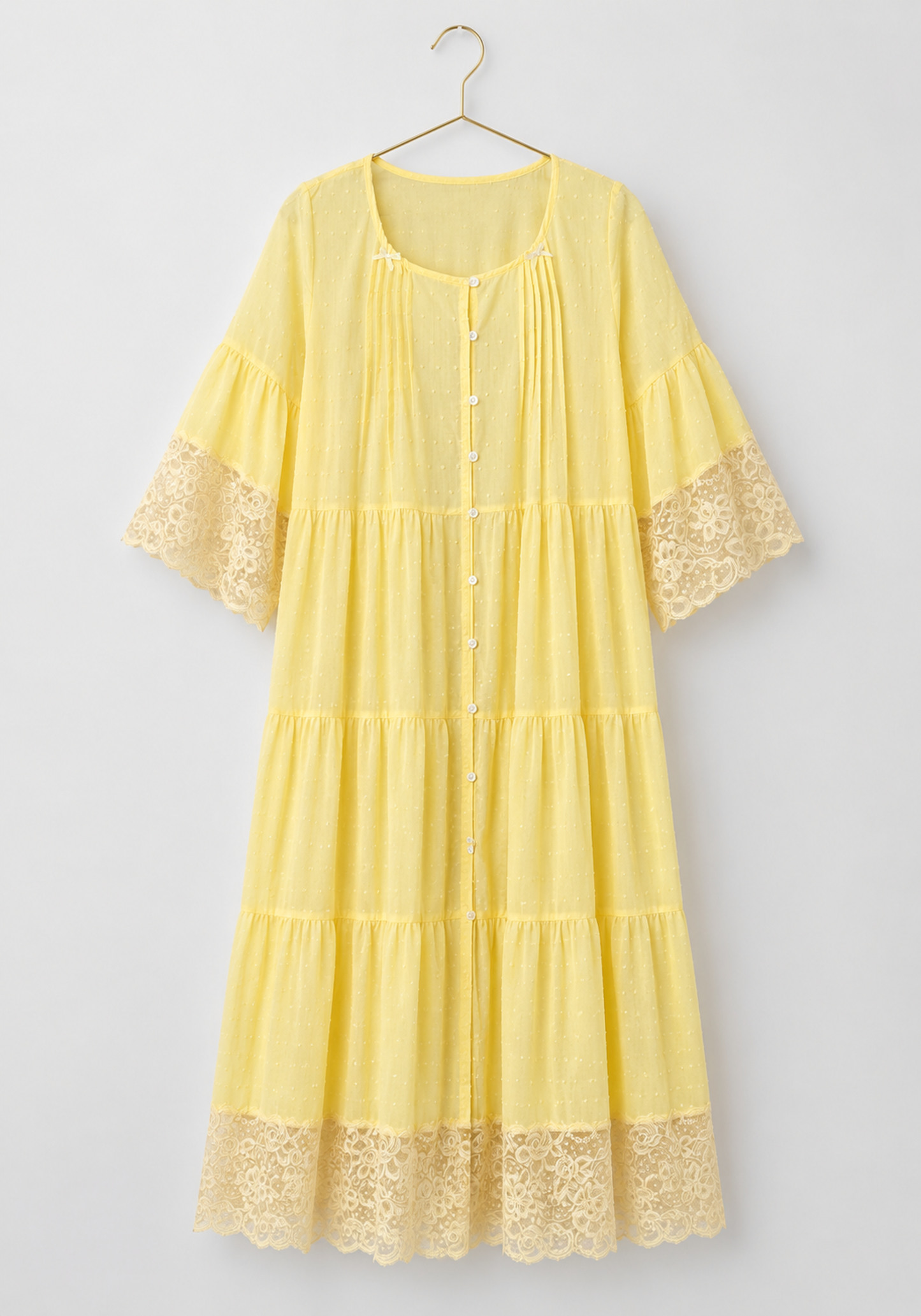 Woven Viscose Long Sleeves Midi Nighty With Front Buttons And Lace Detail