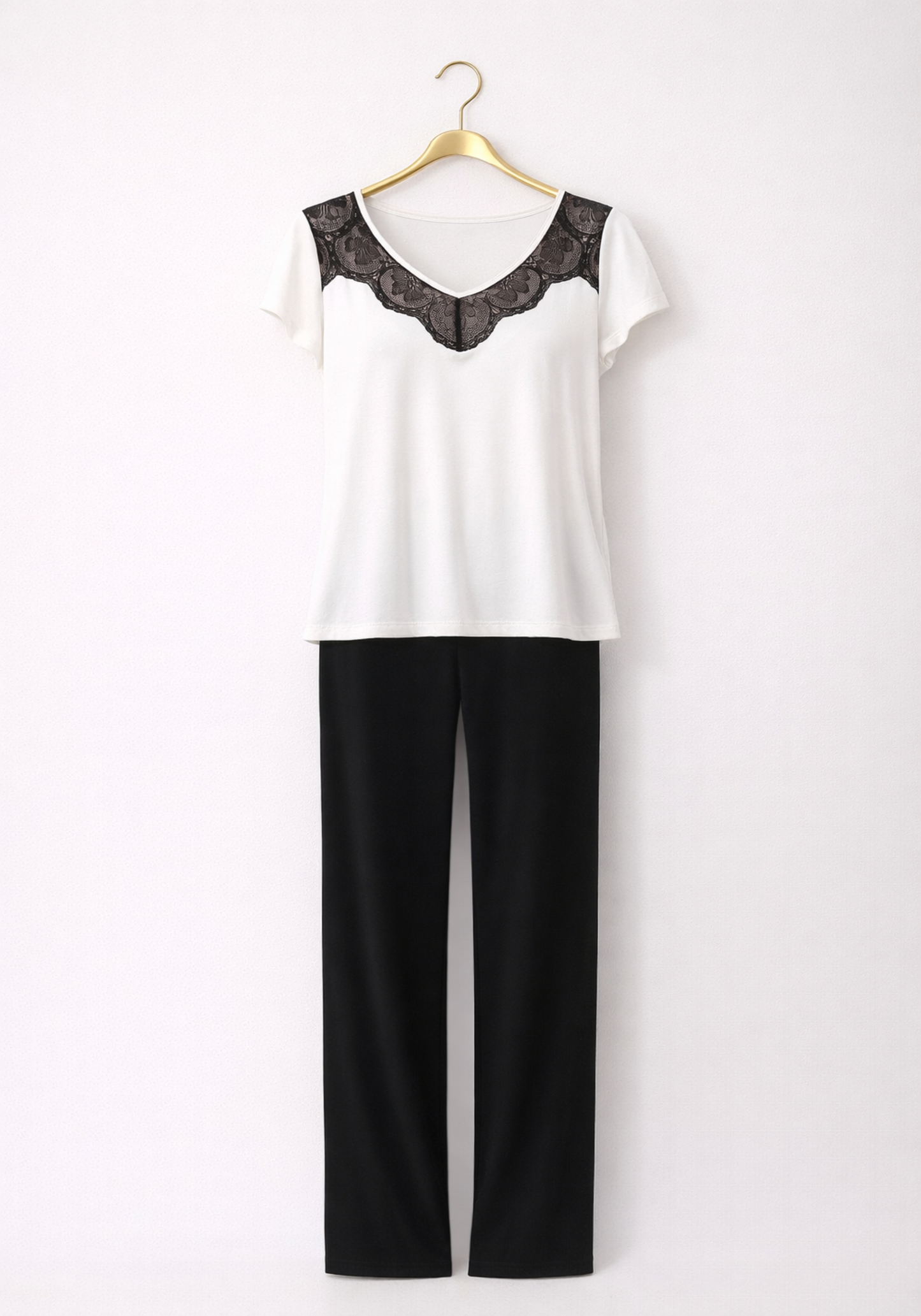 Viscose Short Sleeve V Lace Collar Top And Plain Pant Pajamas