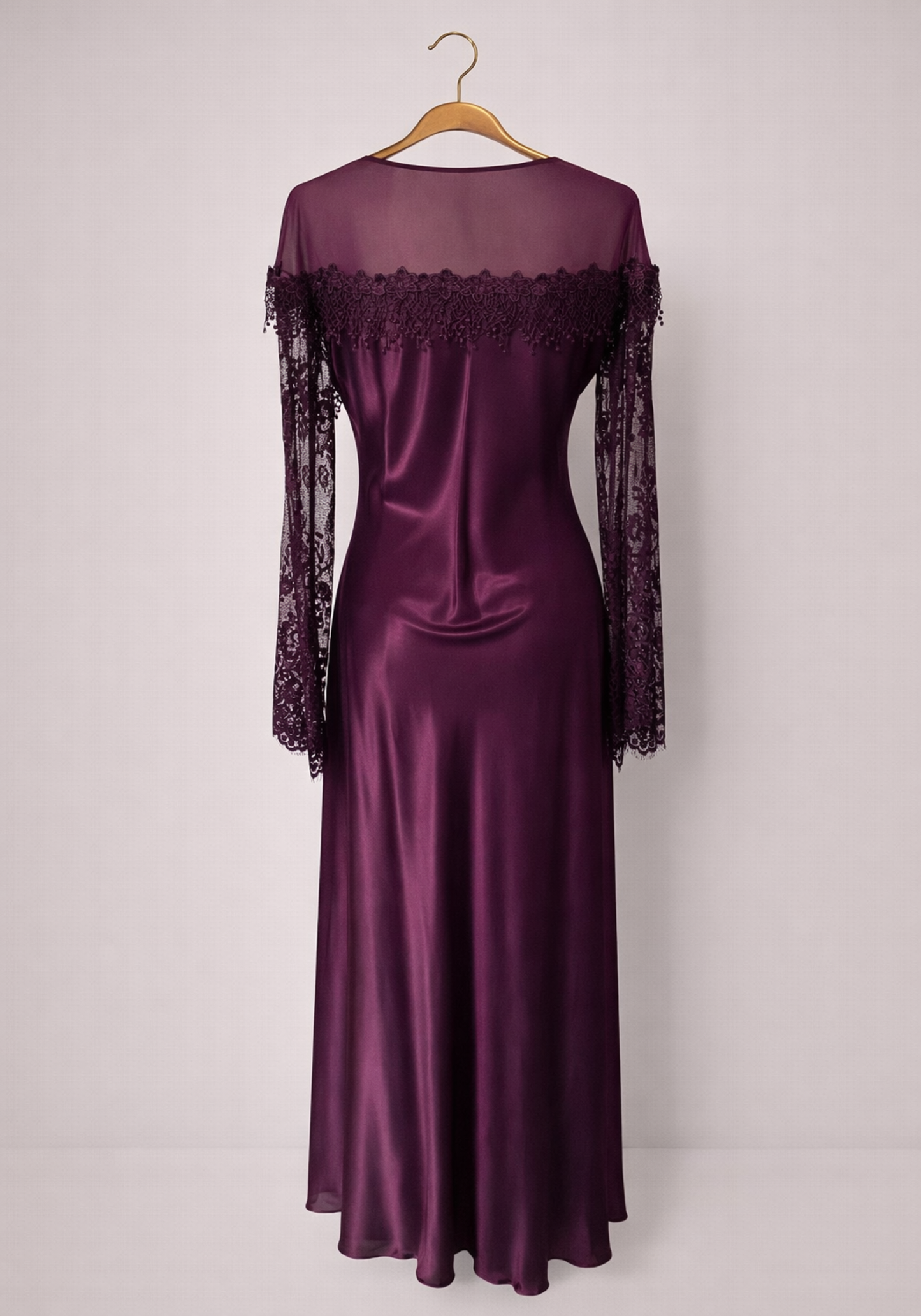 Satin Long Sleeve Long Nighty With Dantel