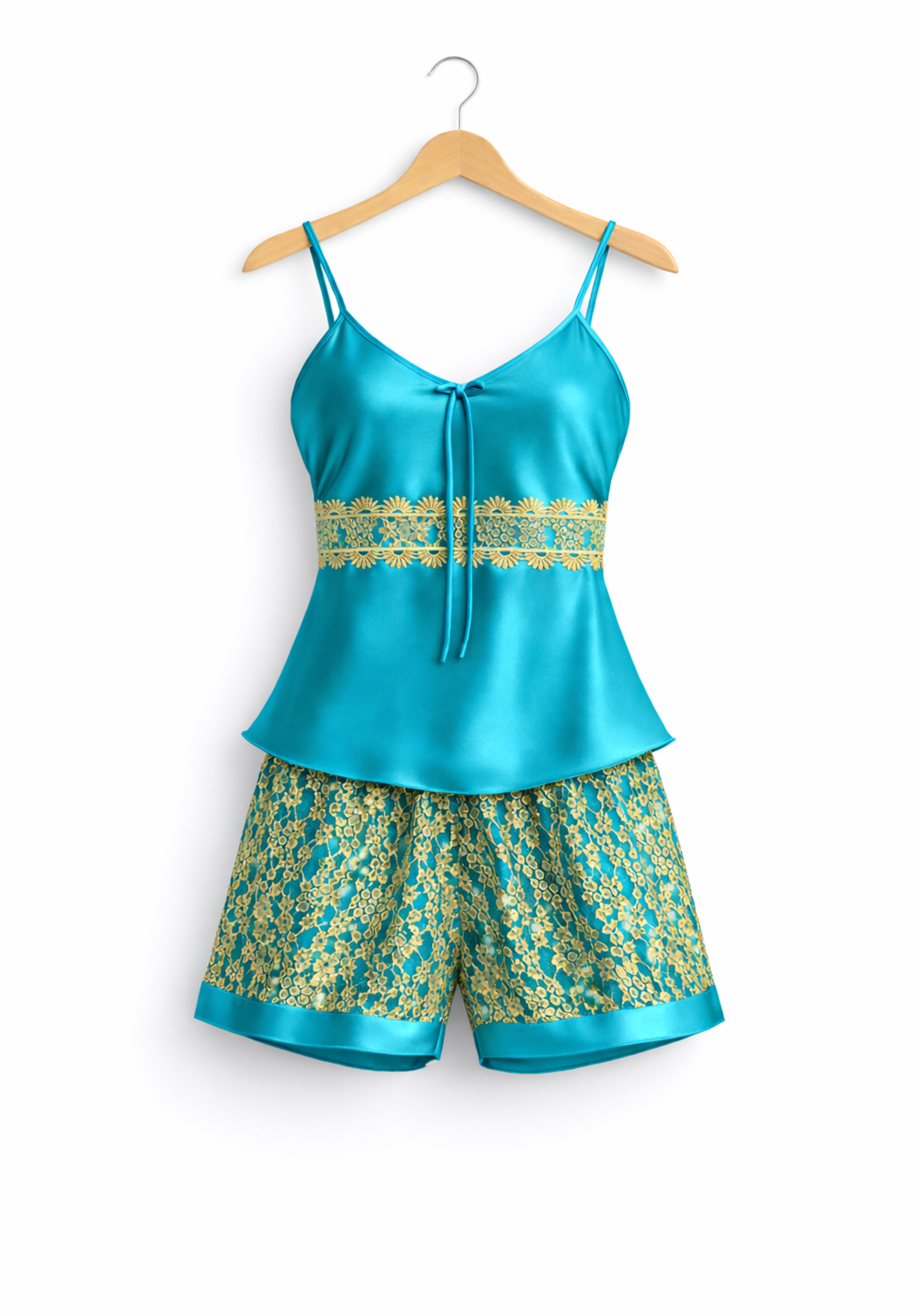 Satin Short Set: Shoulder Strap Top And Full Lace Shorts