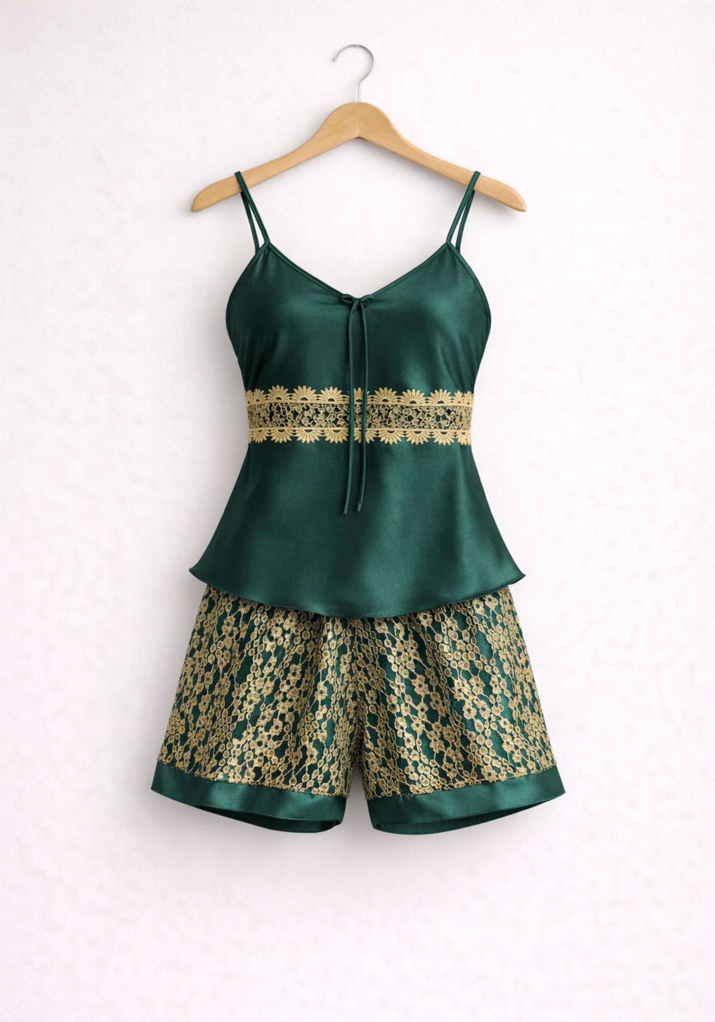 Satin Short Set: Shoulder Strap Top And Full Lace Shorts