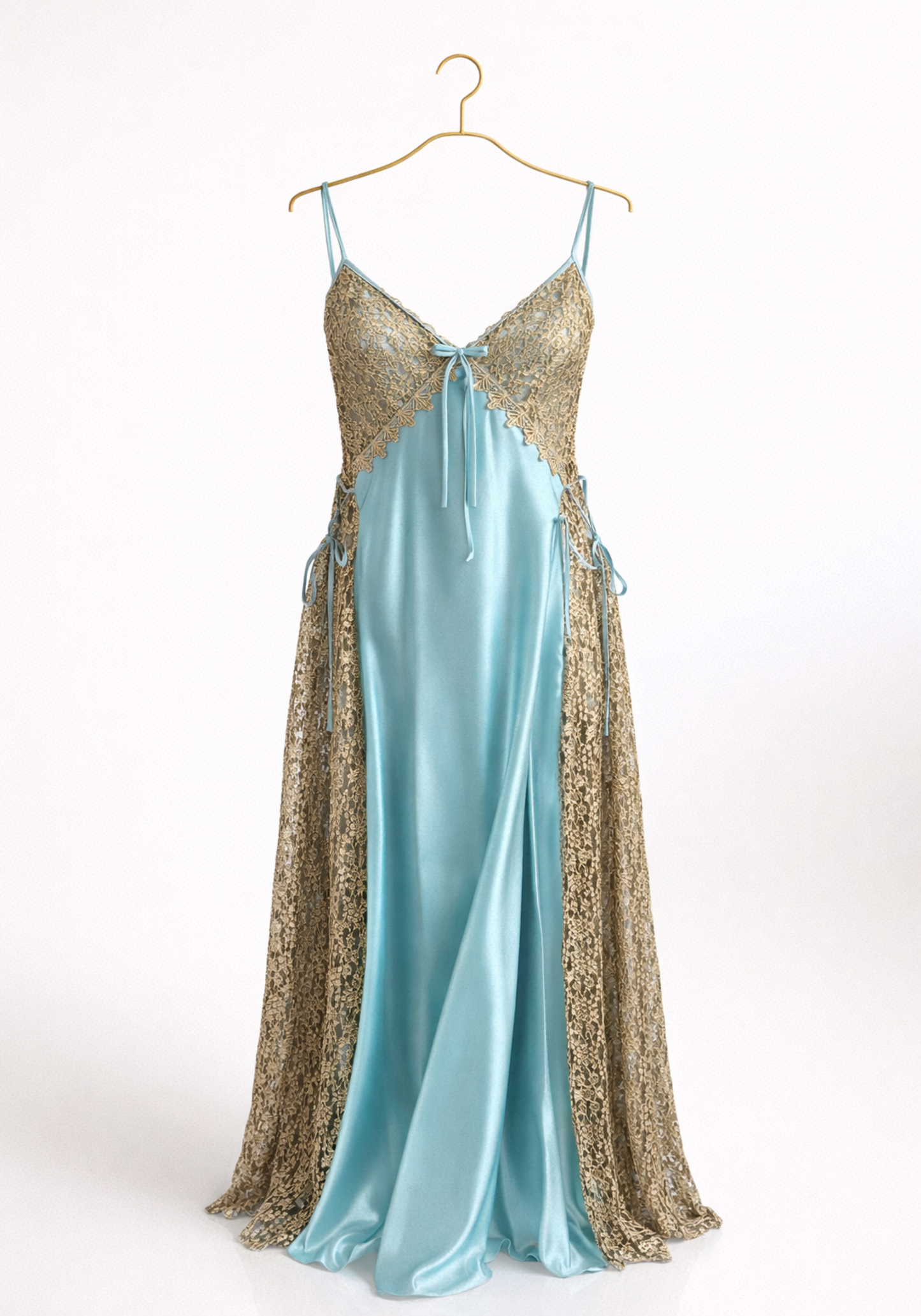 Satin Shoulder Strap Night Gown With Golden Dantel