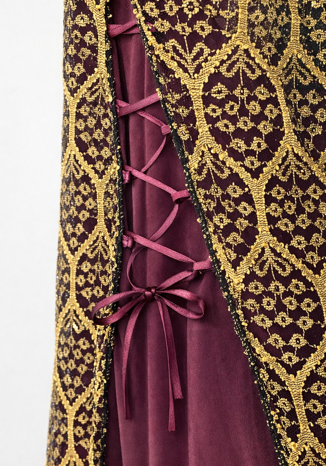 Satin Long Sleeve Long Gown With Golden Dantel