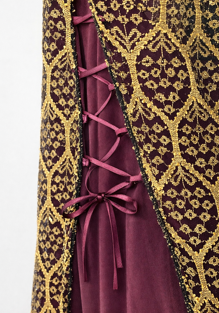 Satin Long Sleeve Long Gown With Golden Dantel