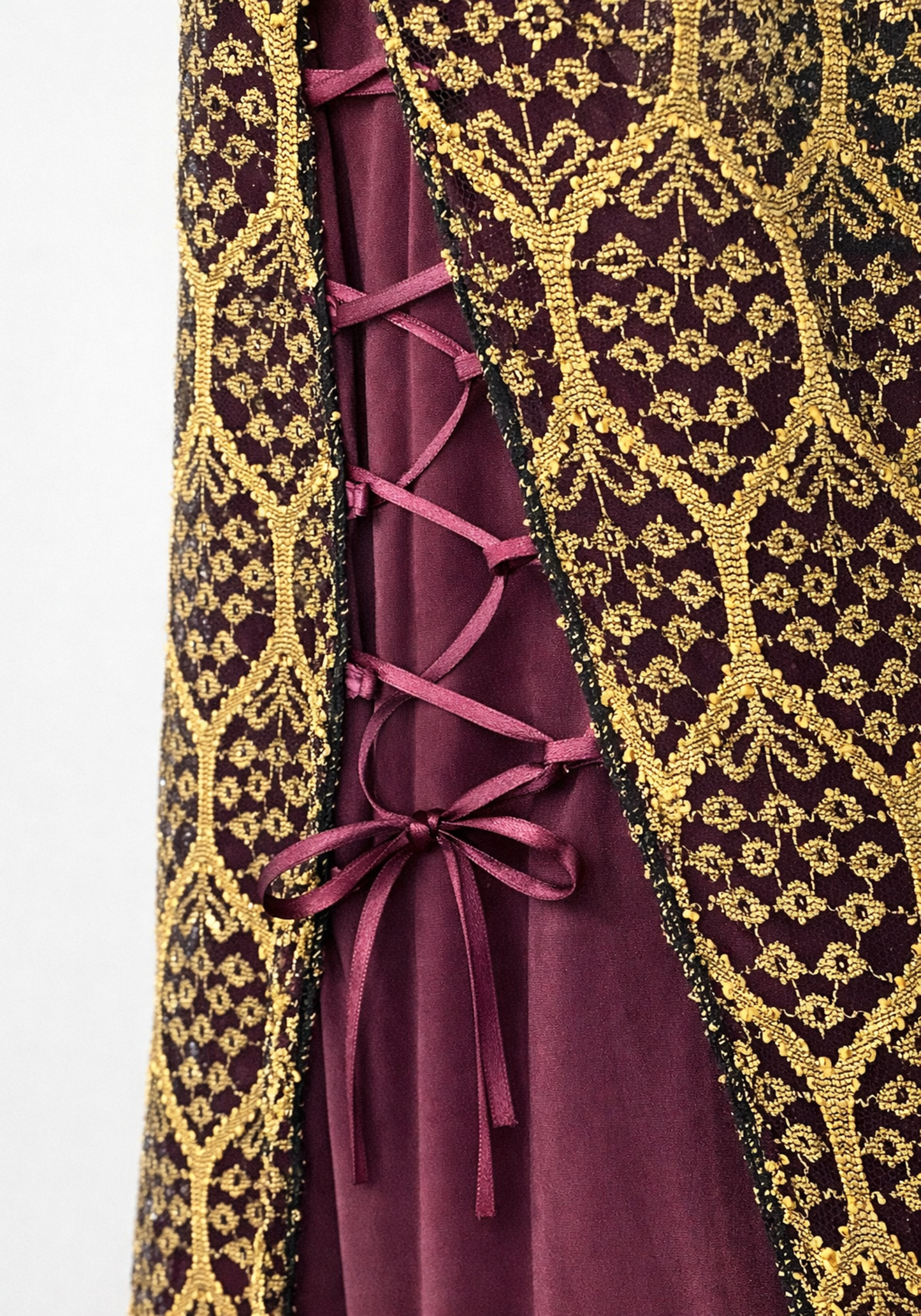 Satin Long Sleeve Long Gown With Golden Dantel