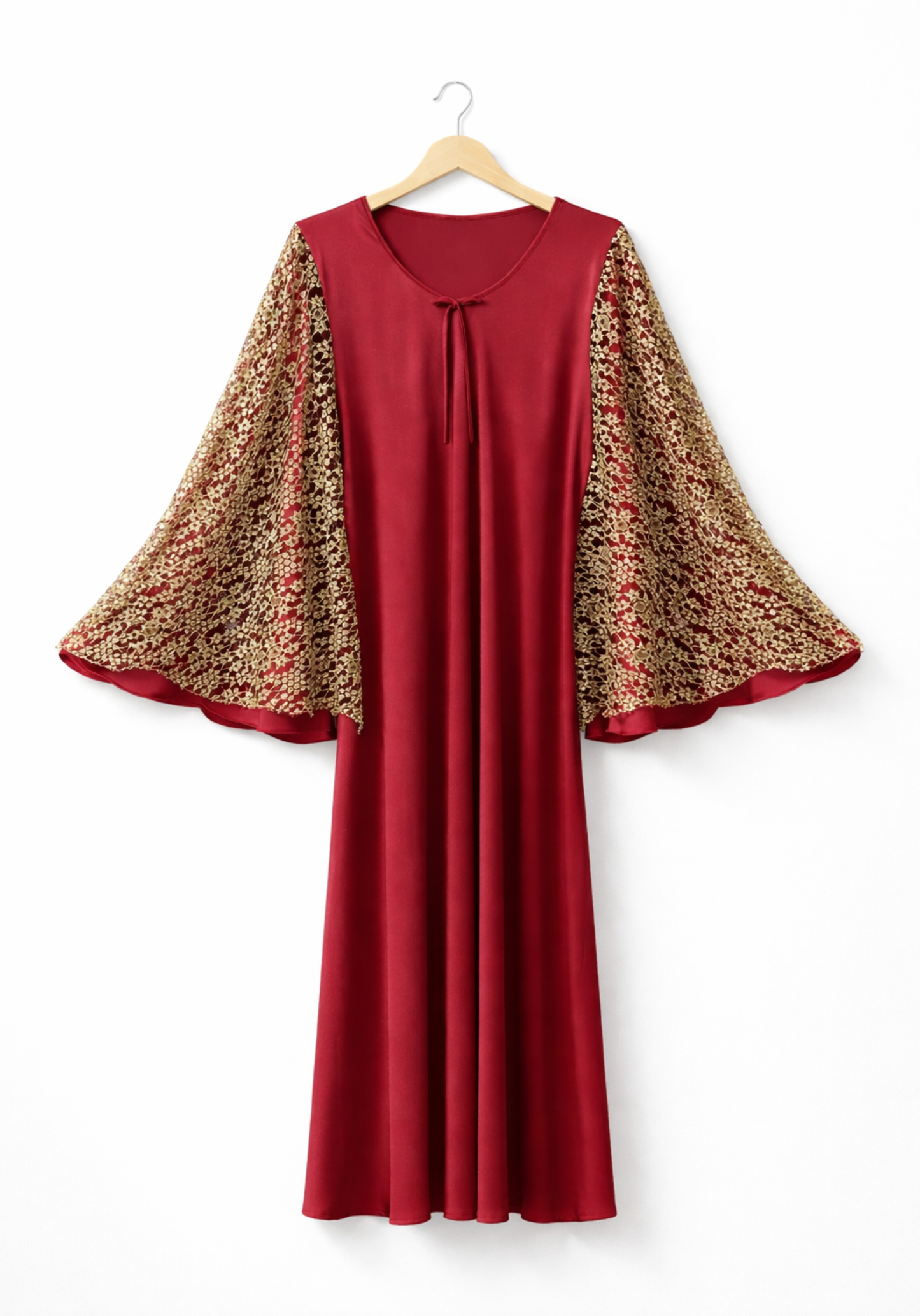 Satin Long Night Gown With Full Golden Lace Sleeves