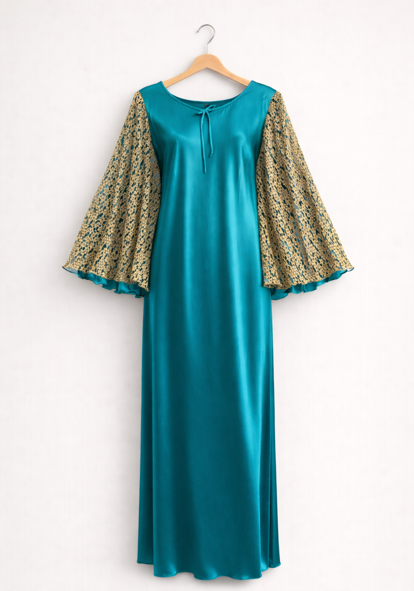 Satin Long Night Gown With Full Golden Lace Sleeves