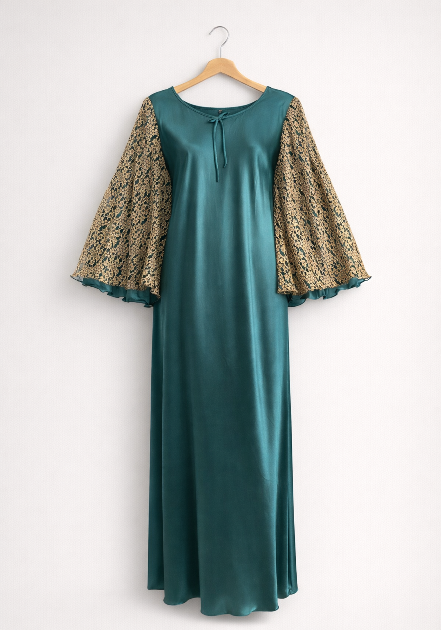 Satin Long Night Gown With Full Golden Lace Sleeves