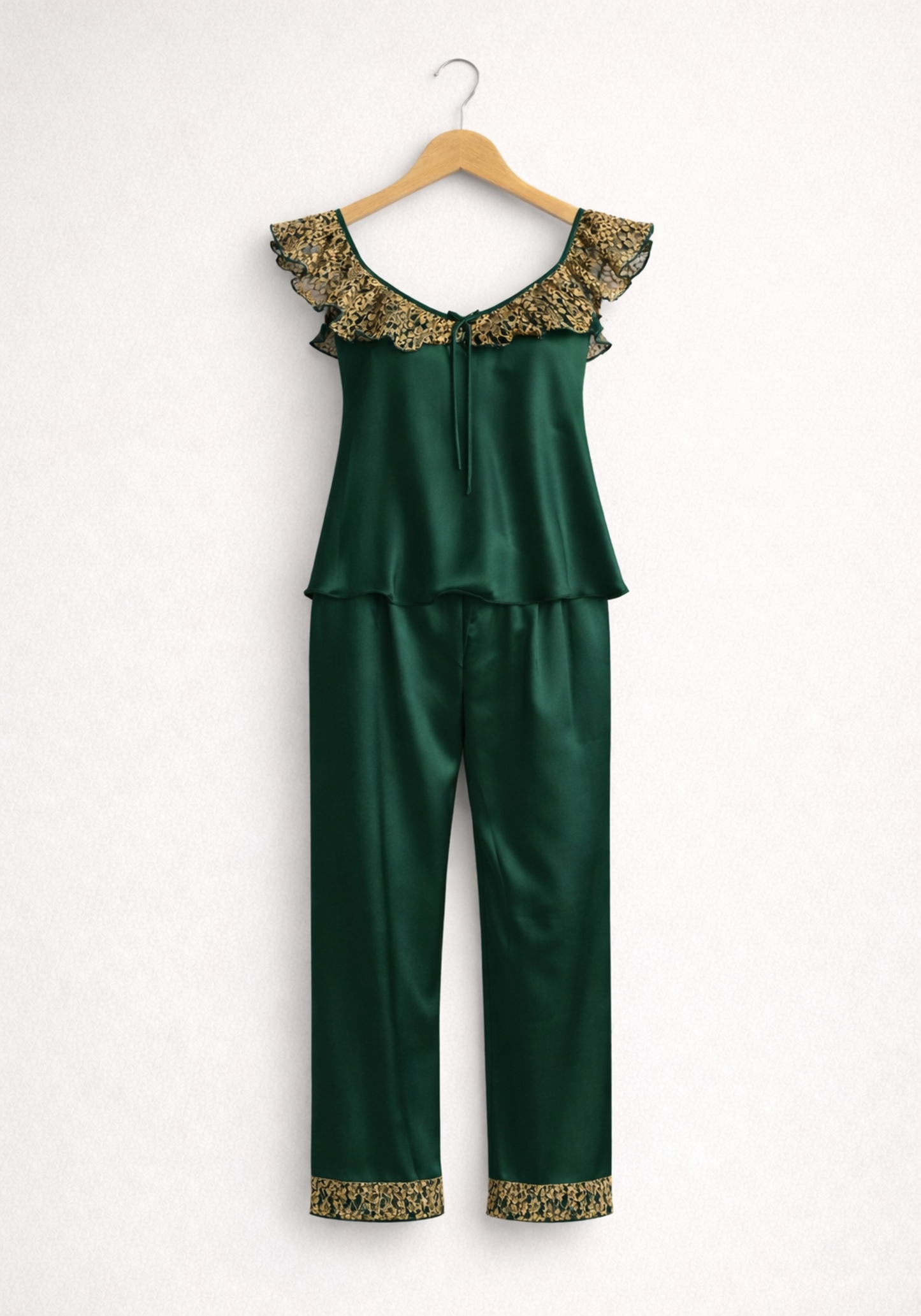 Satin Pajamas: Sleeveless Lace Front Top And Pants With Lace Detail