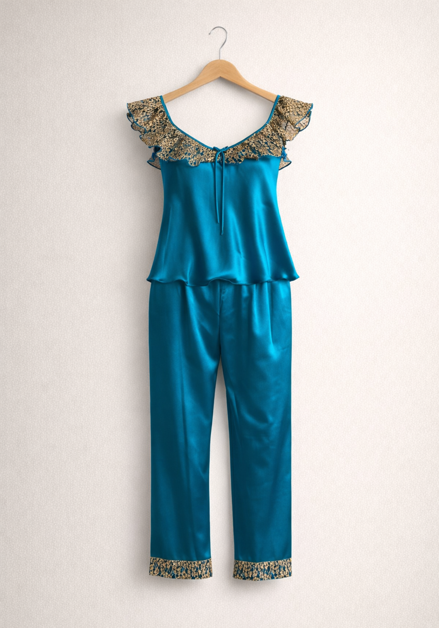 Satin Pajamas: Sleeveless Lace Front Top And Pants With Lace Detail