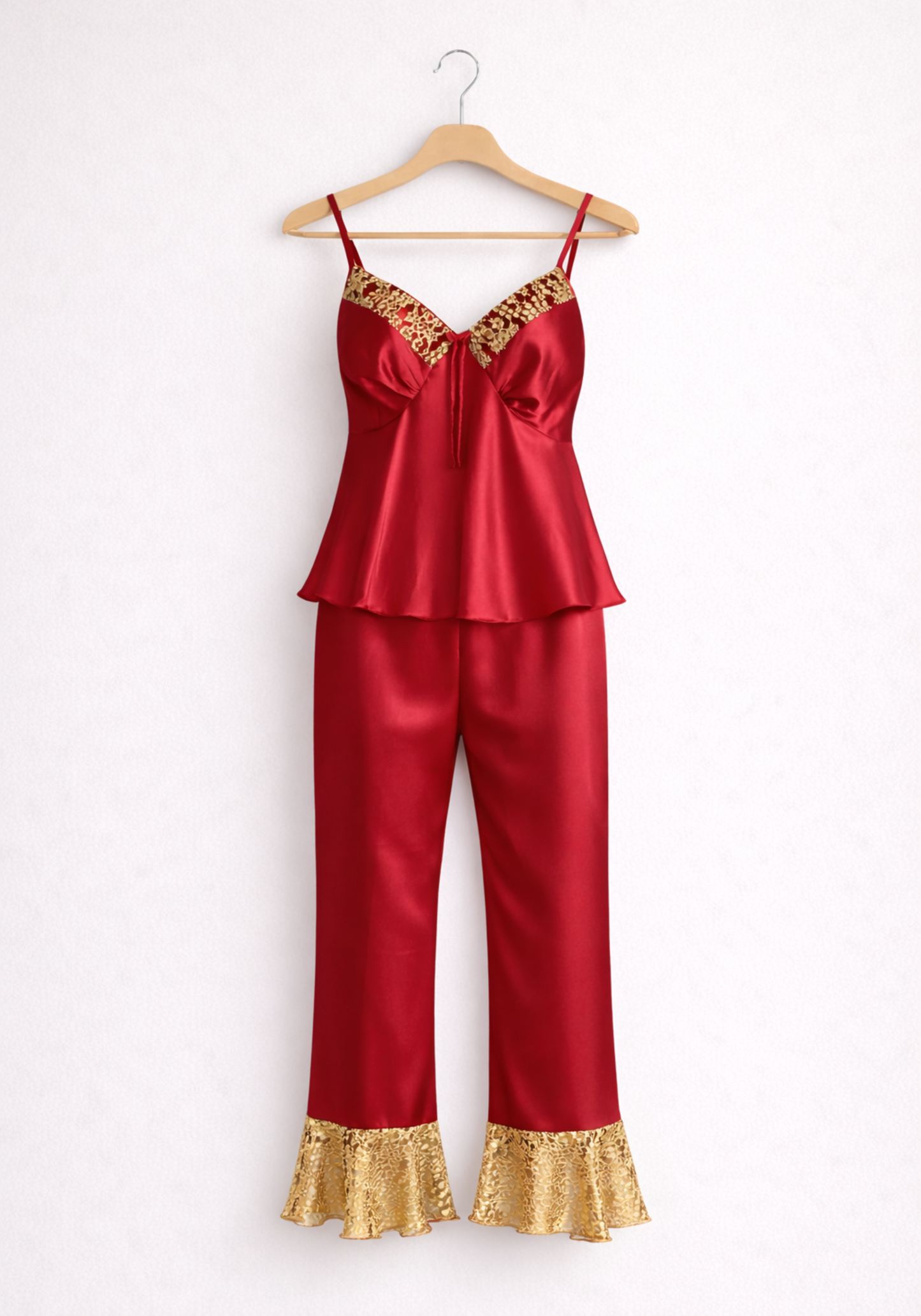 Satin Pajamas: Shoulder Strap Top And Pant With Lace Detail