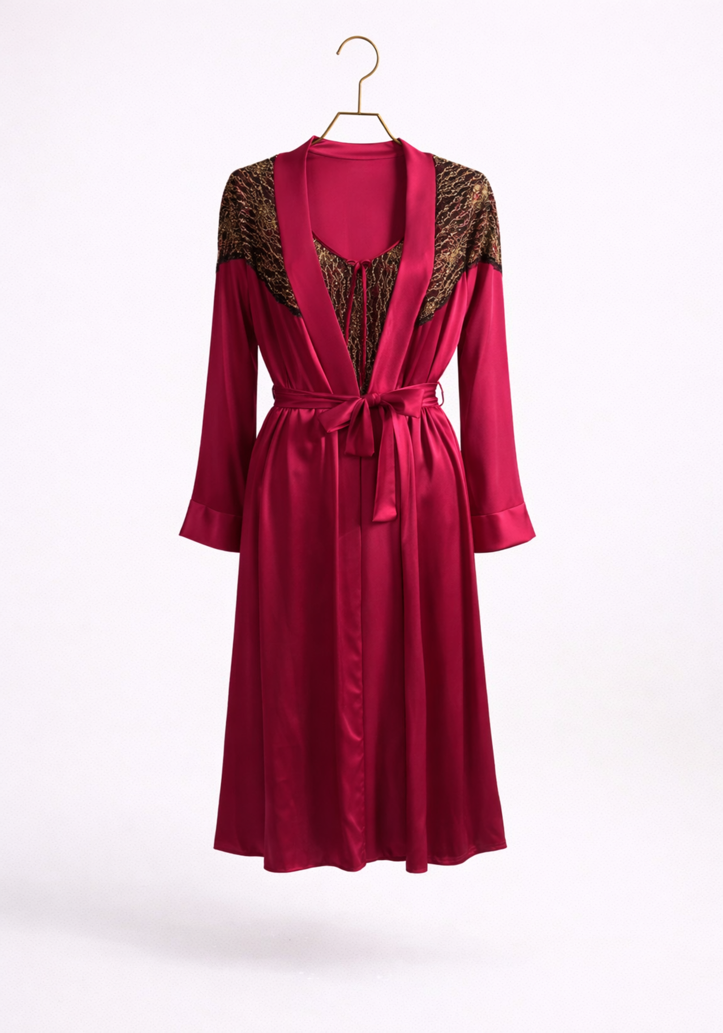 Satin Robe Set: Short Shoulder Strap Nighty And Short Robe With Golden Dantel