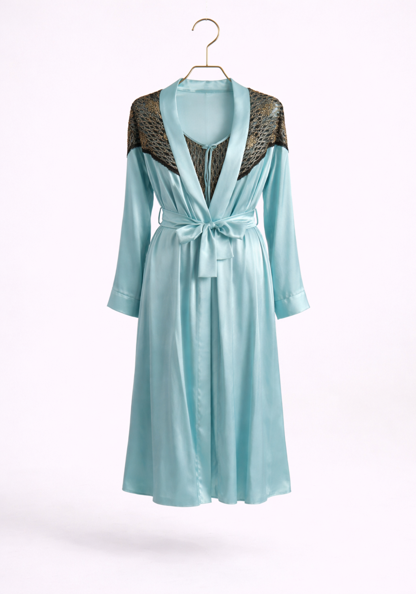 Satin Robe Set: Short Shoulder Strap Nighty And Short Robe With Golden Dantel