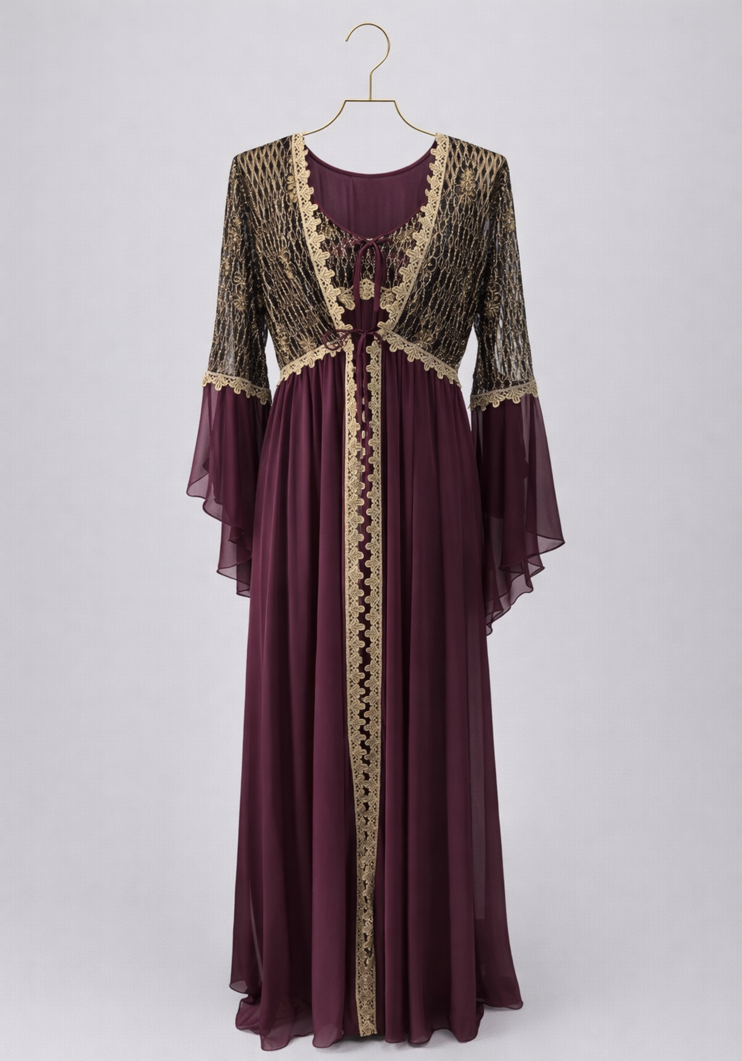 Schiffon Satin Long Robe Set With Golden Dantel