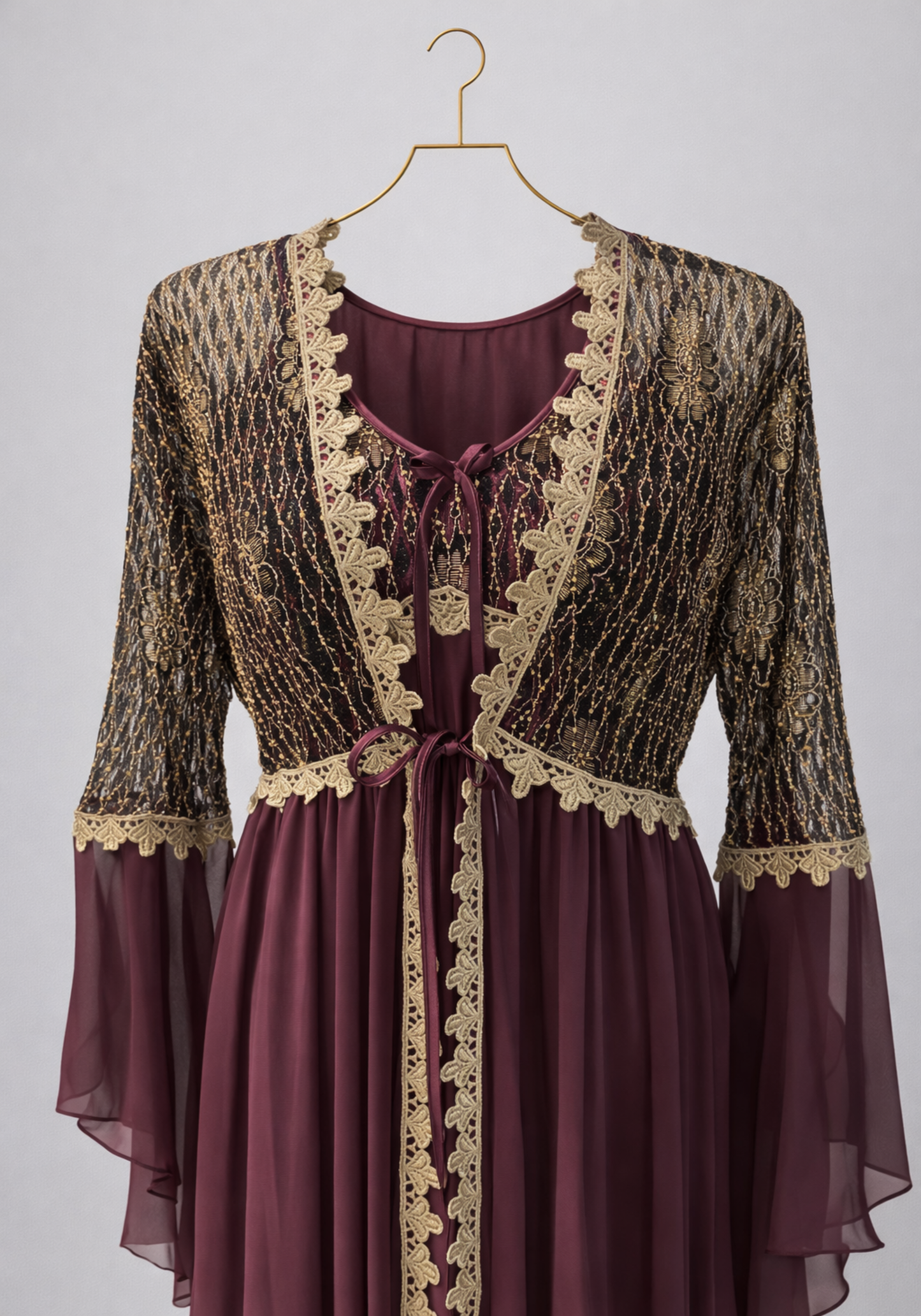 Schiffon Satin Long Robe Set With Golden Dantel