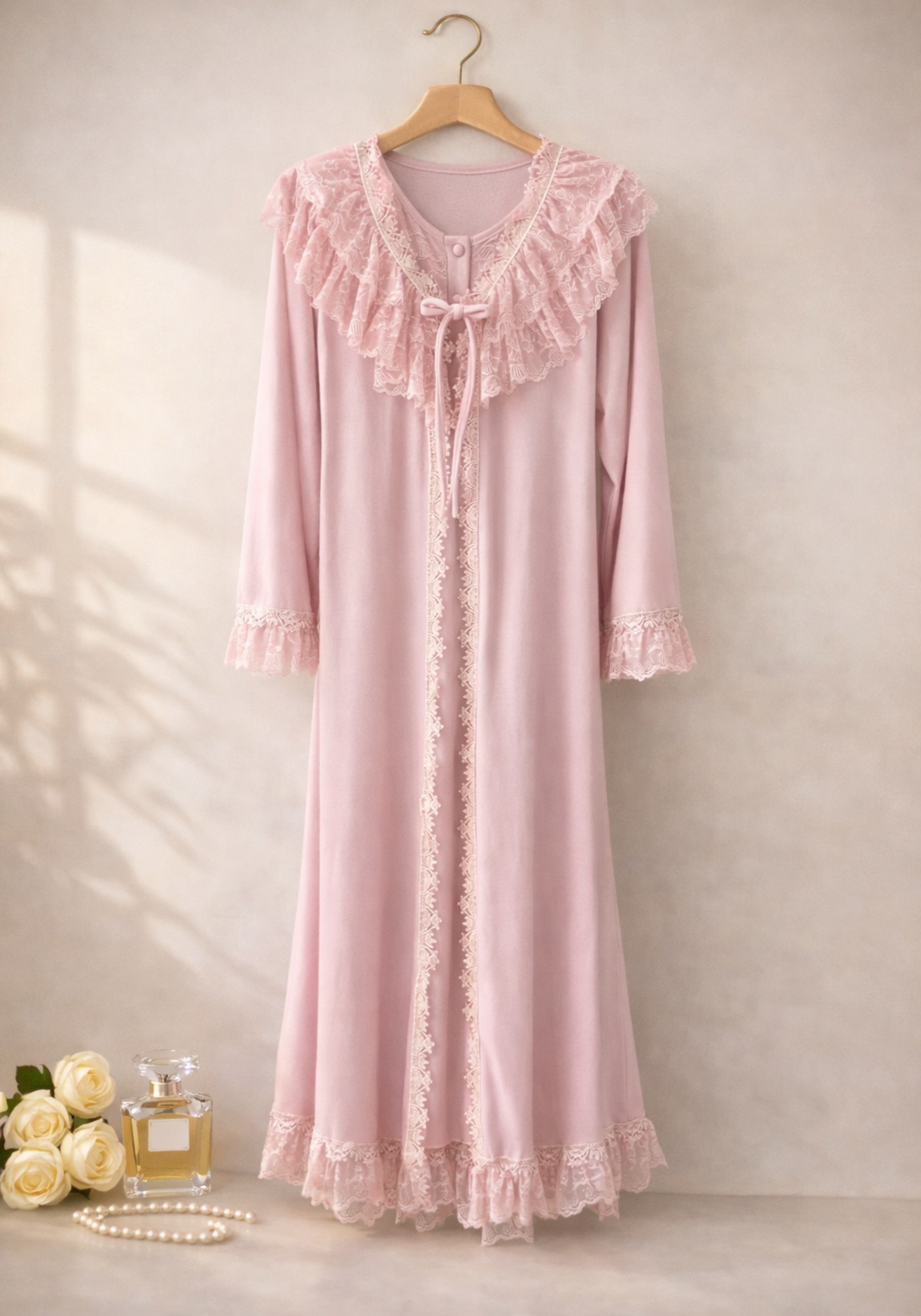 Velour Long Robe Set: Long Sleeve Long Robe And Sleeveless Nighty