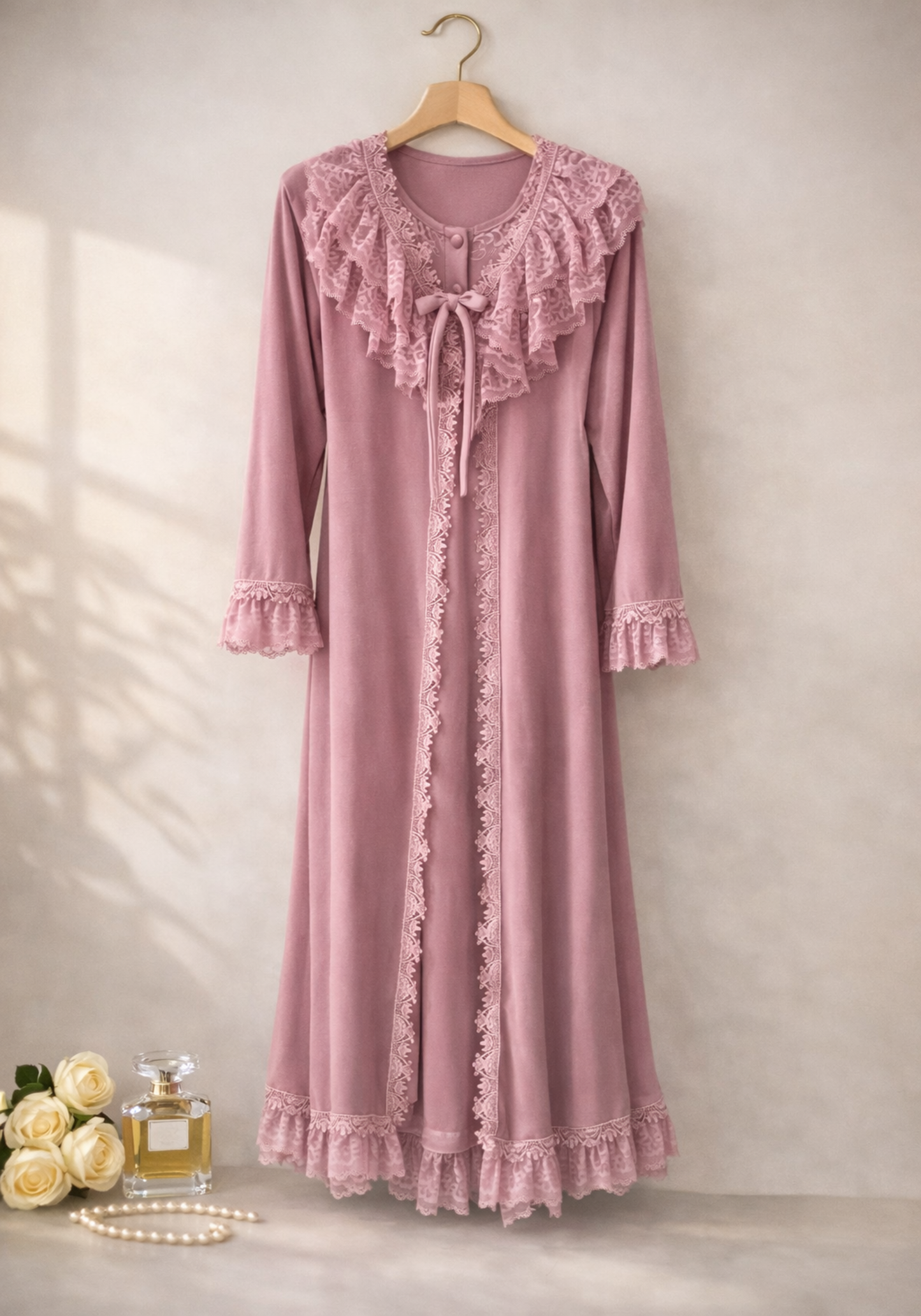 Velour Long Robe Set: Long Sleeve Long Robe And Sleeveless Nighty
