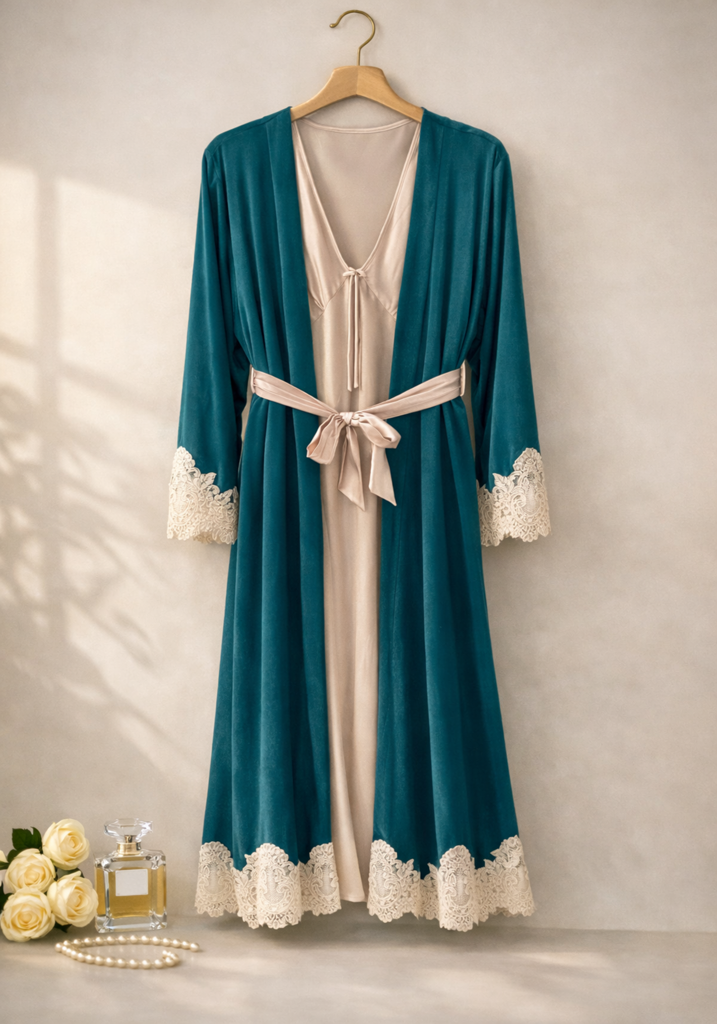 Velour Satin Robe Set: Velour Long Sleeve Long Robe And Satin Long Nighty
