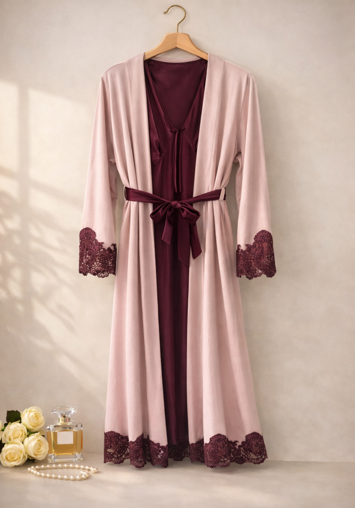 Velour Satin Robe Set: Velour Long Sleeve Long Robe And Satin Long Nighty