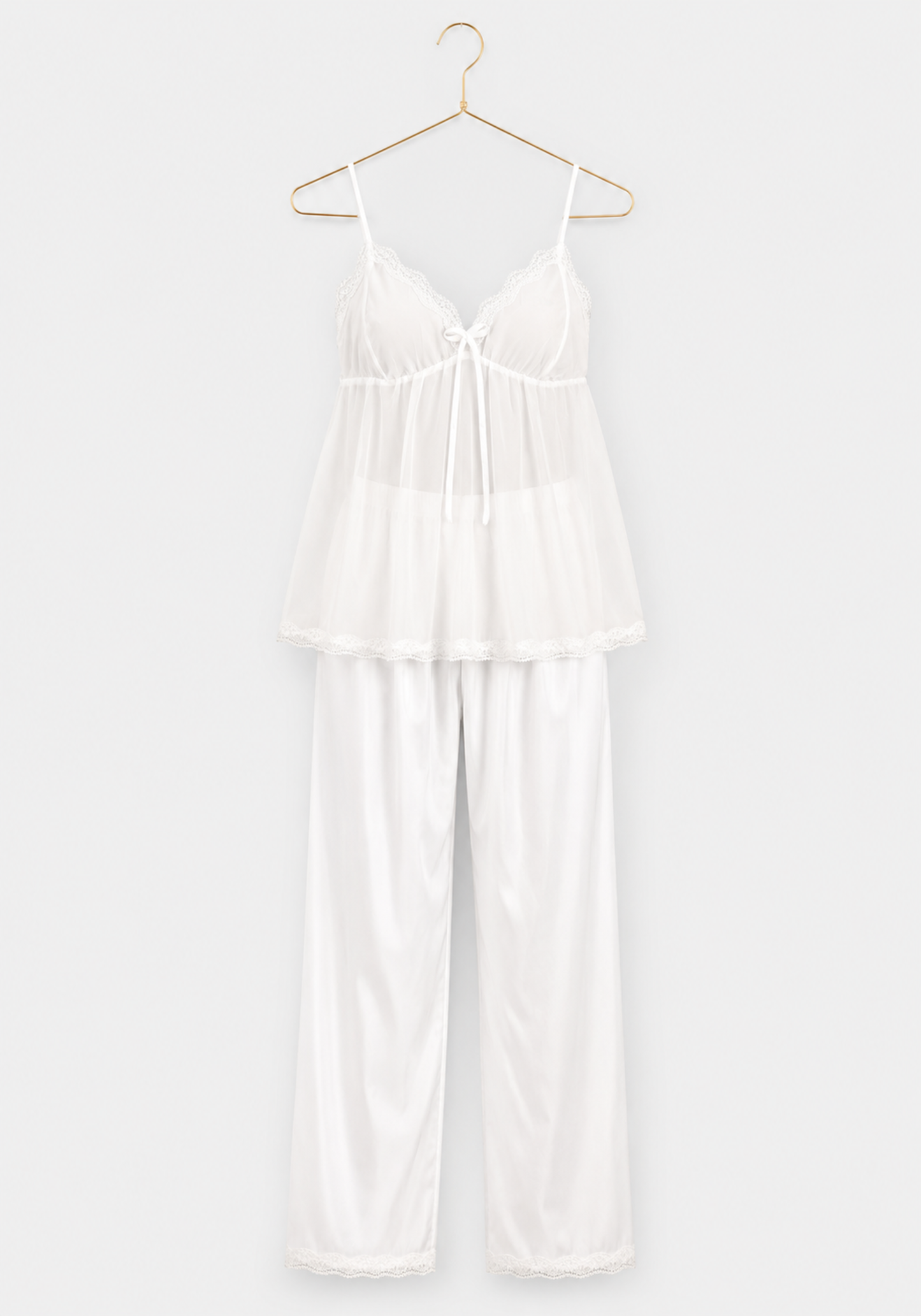 Bridal 3 Pieces Set: Schiffon Cami Top And Long Sleeve Short Robe And Satin Pants