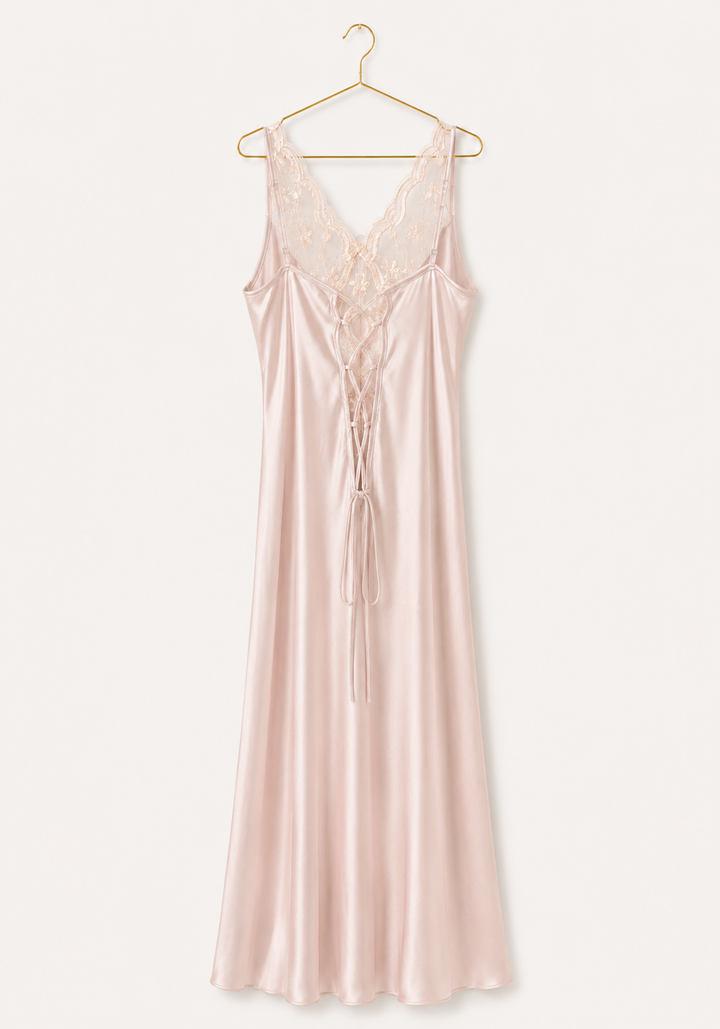 Long Night Gown: Shoulder Strap Satin Long Nighty With Toulle Detail